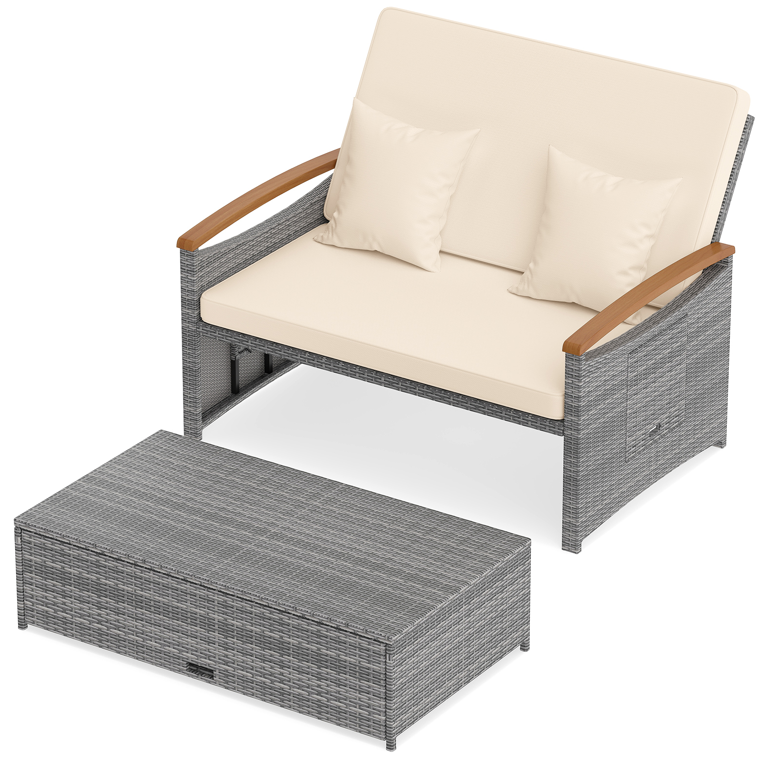 Costway Conjunto Sofá Cama de Ratán con Otomana Almacenaje Respaldo Ajustable 4 Niveles Mesas Laterales Plegables para Jardín Piscina Beige