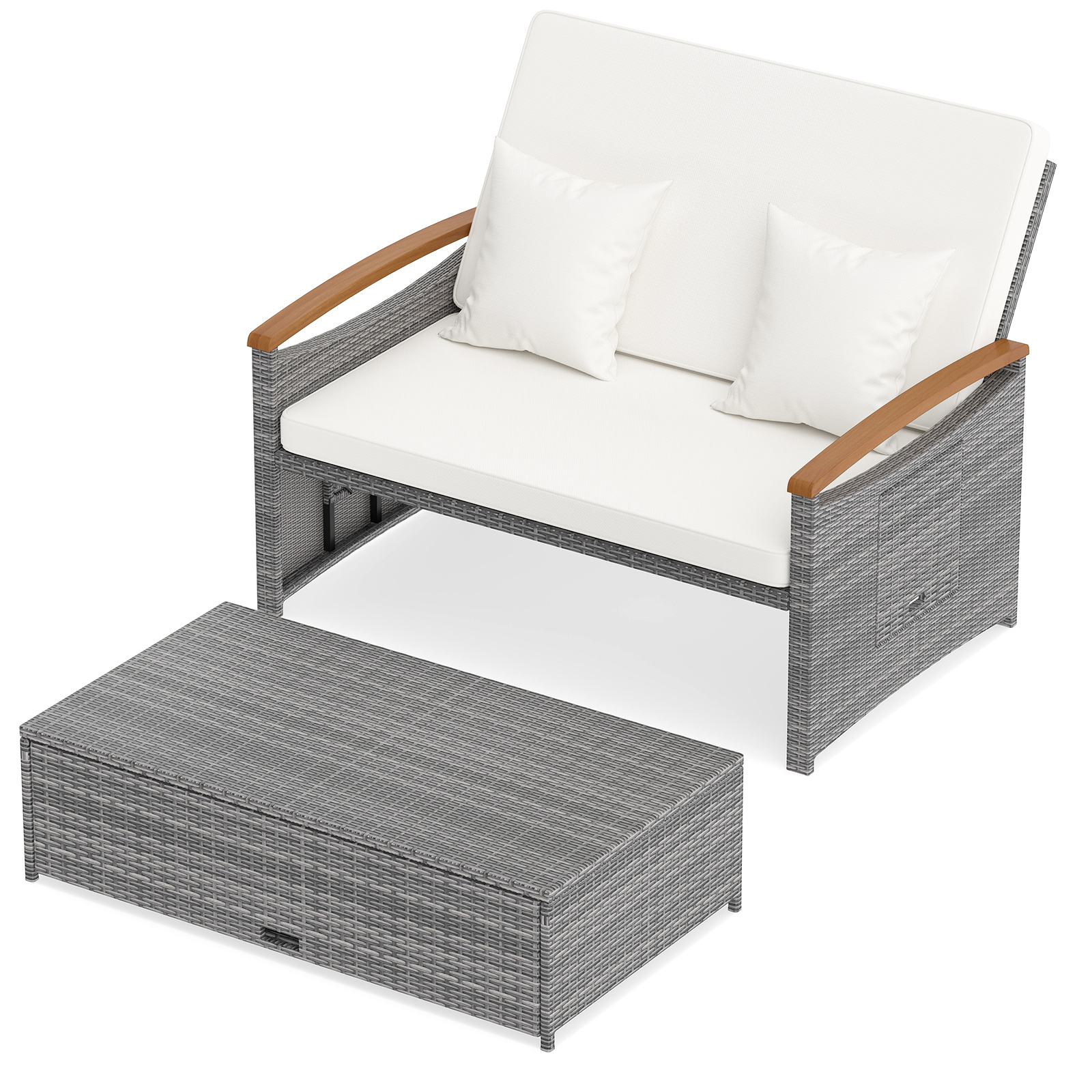 Costway Conjunto Sofá Cama de Ratán con Otomana Almacenaje Respaldo Ajustable 4 Niveles Mesas Laterales Plegables para Jardín Piscina Blanco