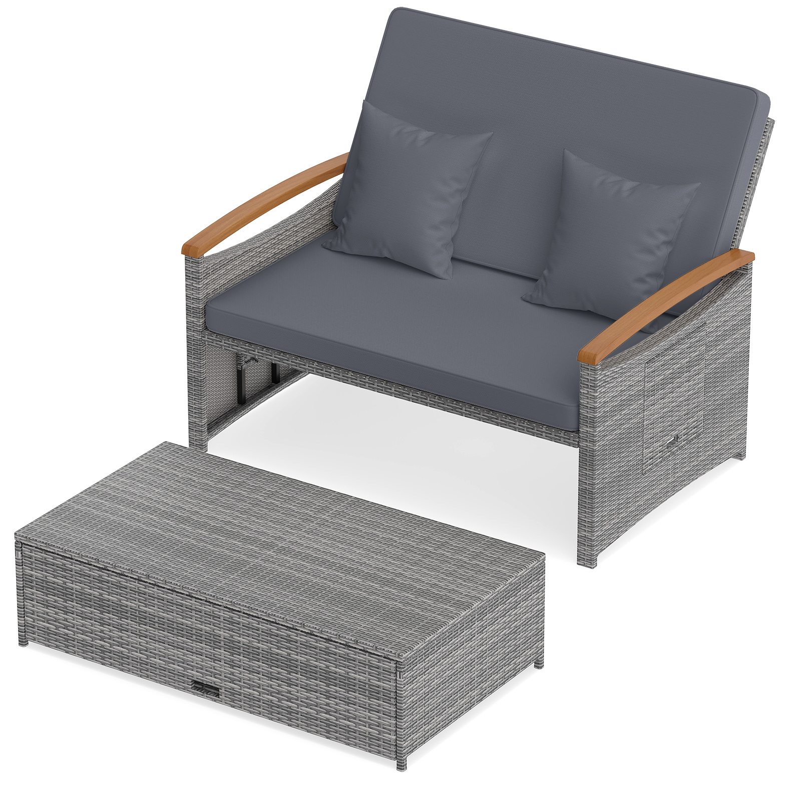 Costway Conjunto Sofá Cama de Ratán con Otomana Almacenaje Respaldo Ajustable 4 Niveles Mesas Laterales Plegables para Jardín Piscina Gris