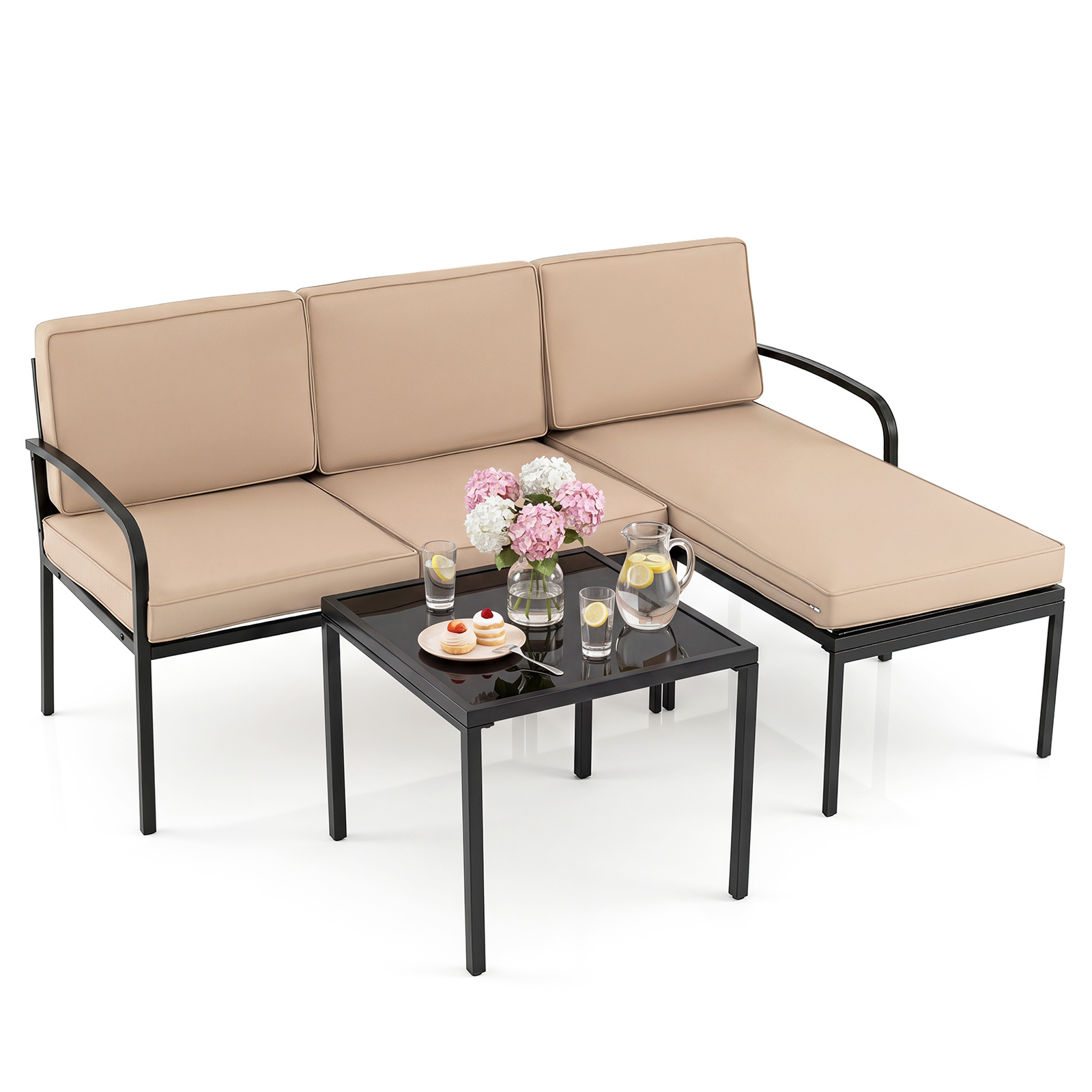 Costway Conjunto Sofá en L 3 Piezas con Cojines Lavables y Mesa Vidrio para Jardín Terraza Color Caqui
