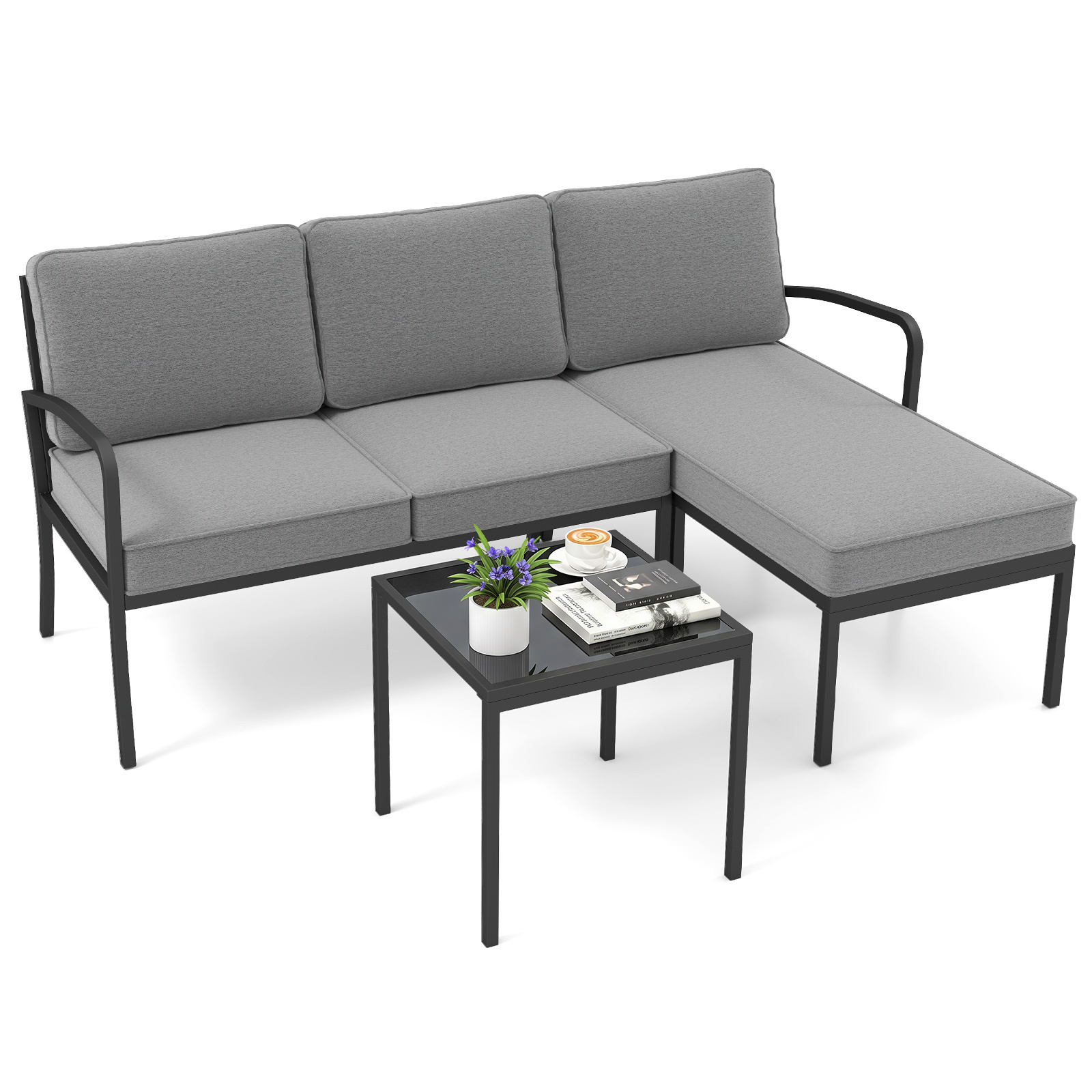 Costway Conjunto Sofá en L 3 Piezas con Cojines Lavables y Mesa Vidrio para Jardín Terraza Color Gris