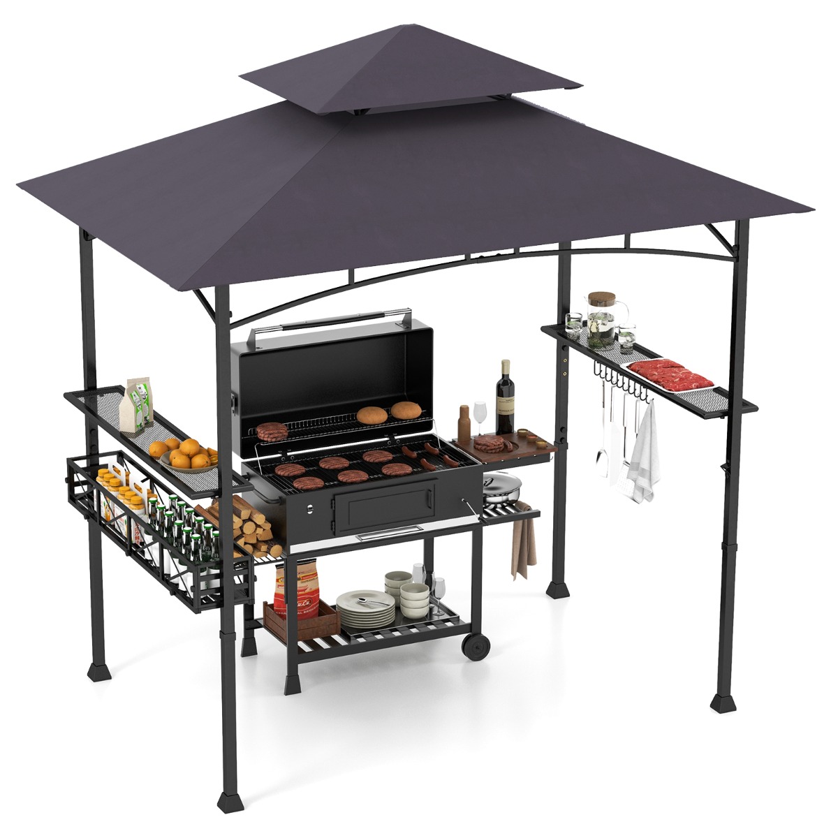 Costway Gazebo 242 x 153 cm con 2 Estantes Laterales Cesta Ganchos Abridor de Botellas Estructura de Metal para Jardín Patio