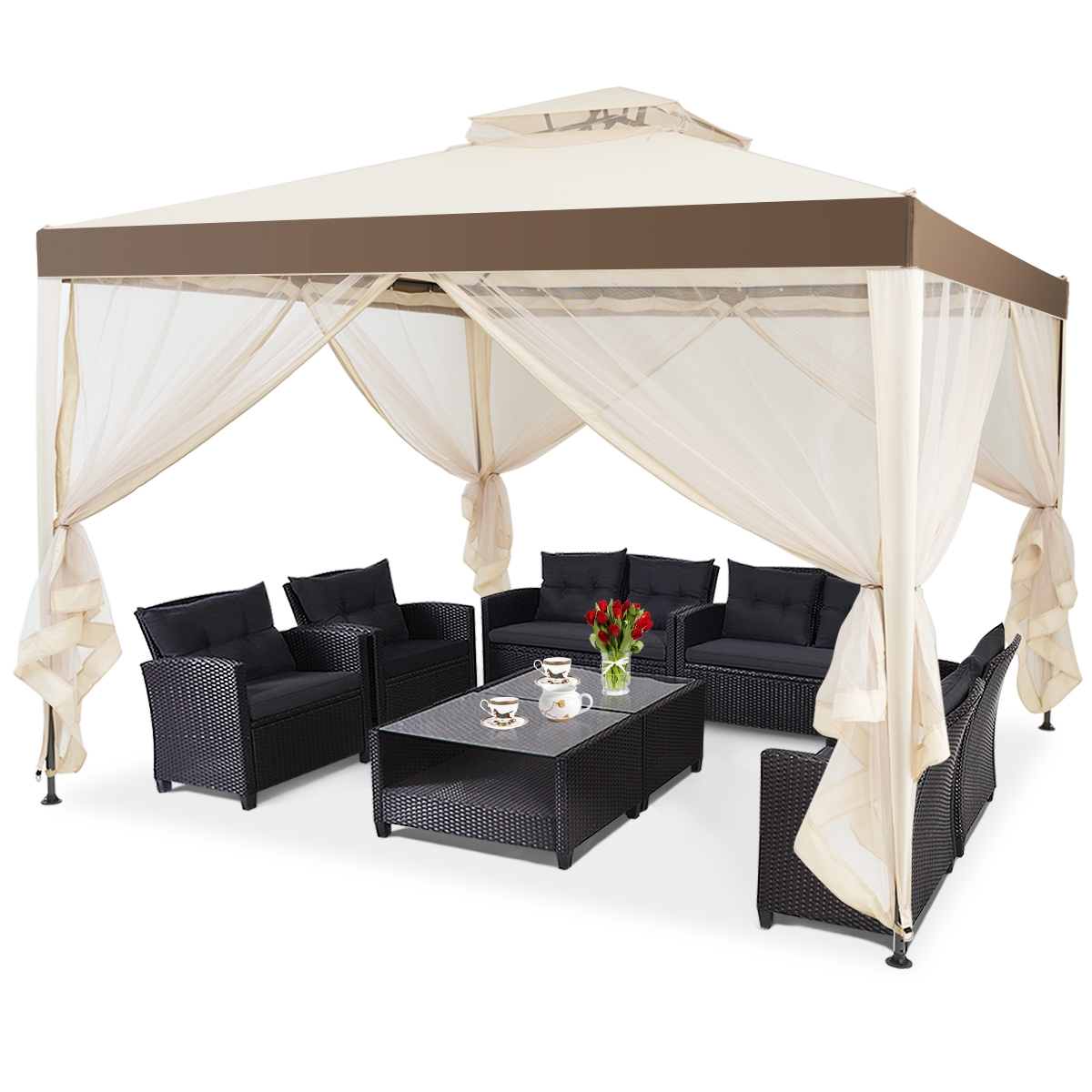 Costway Glorieta Doble de Jardín Estructura de Acero y 4 Cortinas Laterales con Mosquitero para Patio Césped Veranda Beige 3 x 3 x 2,65 m