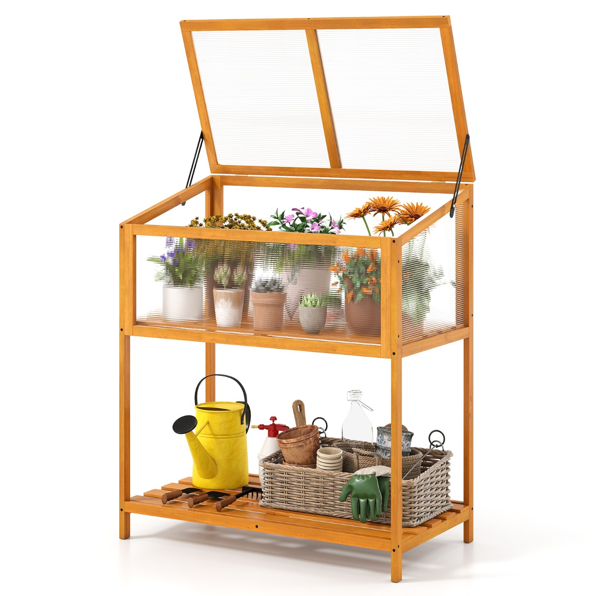 Costway Invernadero Madera Marco Frío Techo Transparente Abatible Estante Almacenamiento Protección Macetero Elevado Casa Calor Interior Exterior Naranja