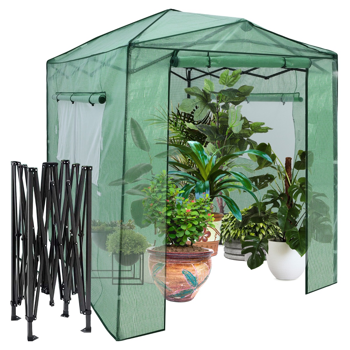 Costway Invernadero Portátil de Jardín con 2 Ventanas Puertas de Enrollable Cierre de Doble Cremallera Frontal y Trasera 180 x 250 x 230 cm Verde