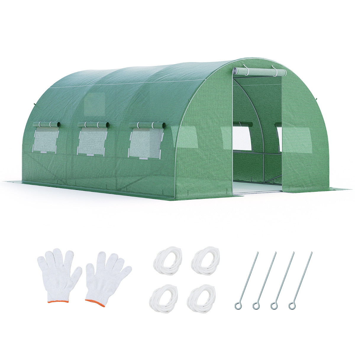 Costway Invernadero Túnel Carpa de Jardín con 6 Ventanas Enrollables 2 Puertas Cremallera Estructura de Acero Galvanizado 4 x 3 x 2 m Verde