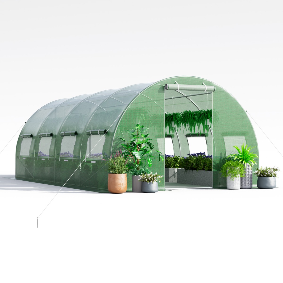 Costway Invernadero Túnel Exterior con 10 Ventanas Enrollables 2 Puertas con Cremallera Carpa de Jardín Resistente al Viento 6 x 3 x 2 m Verde