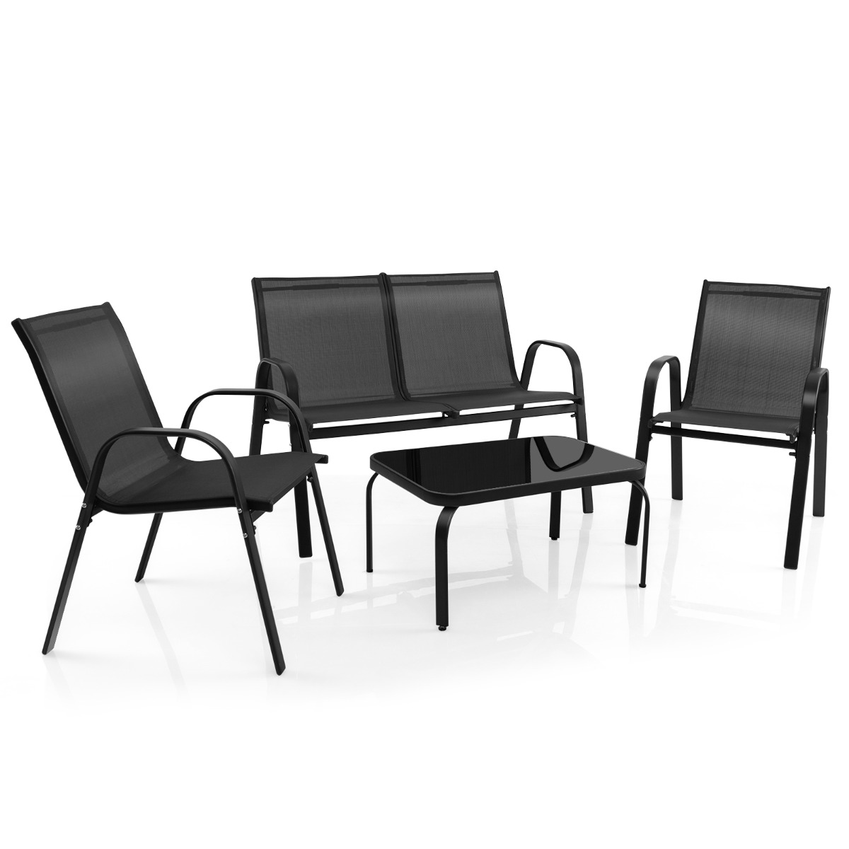 Costway Juego 4 Piezas de Muebles para Jardín con Mesa de Café de Cristal Templado Banco y 2 Sillas Set de Conversación de Exterior Patio Piscina