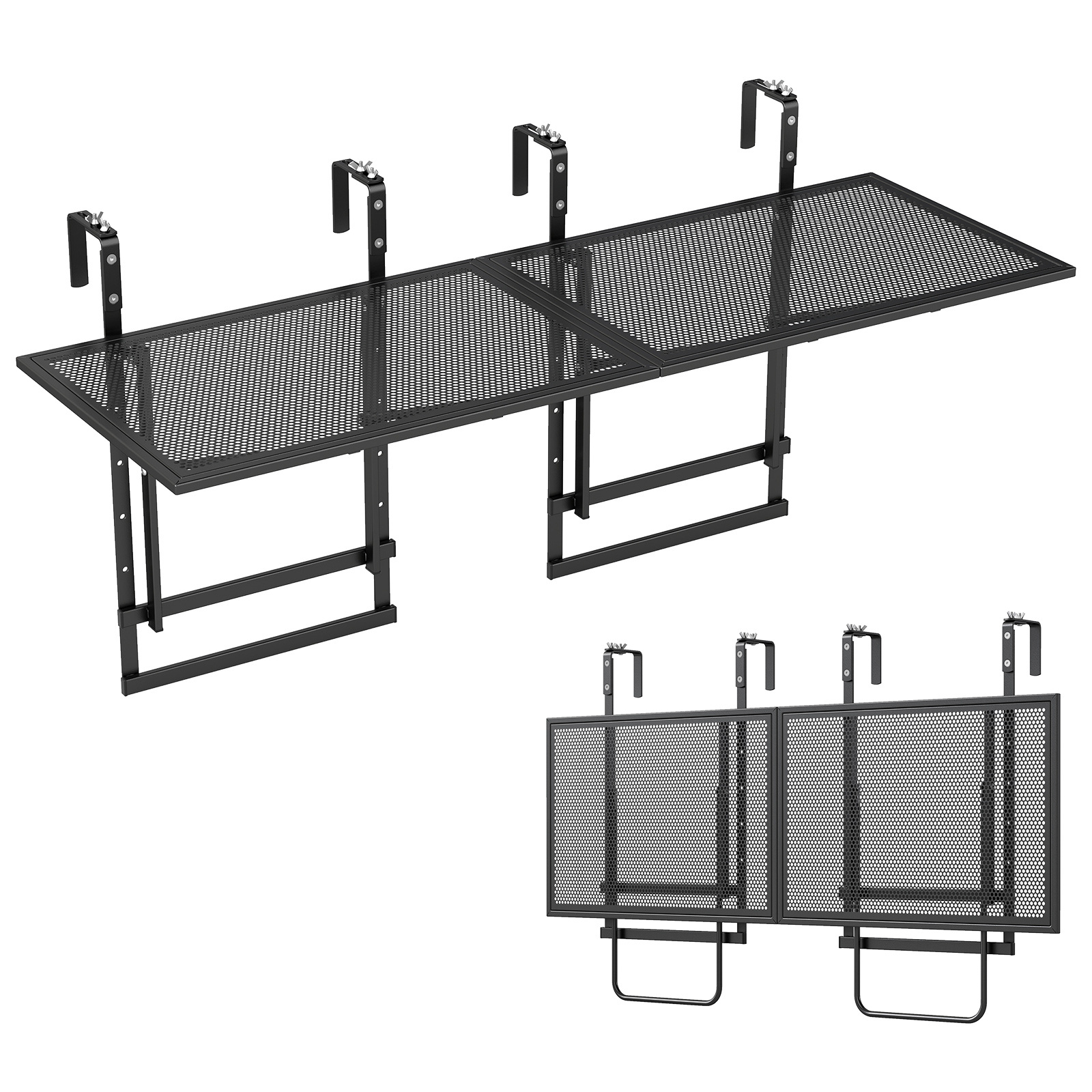 Costway Juego de 2 Mesas Colgantes de Balcón de Metal Plegables Altura Regulable en 5 Niveles Carga 20 kg Se Usa Separada o Unida Negro