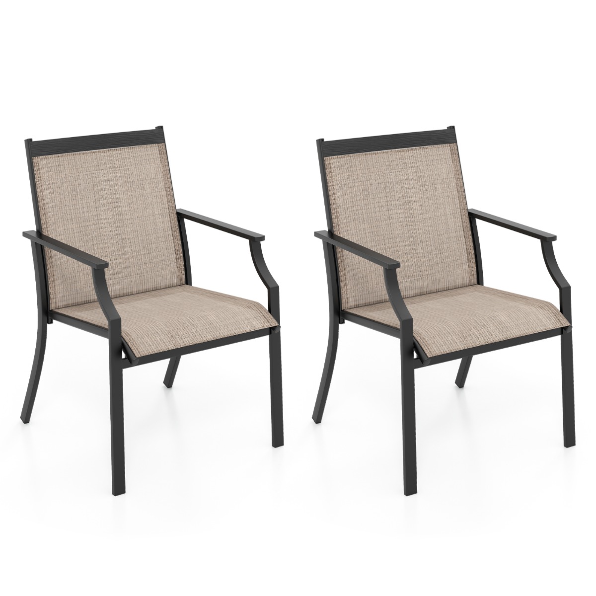 Costway Juego de 2 Sillas de Comedor para Patio Porche con Asiento Transpirable Estructura de Metal Respaldo Alto y Apoyabrazos Ergonómicos