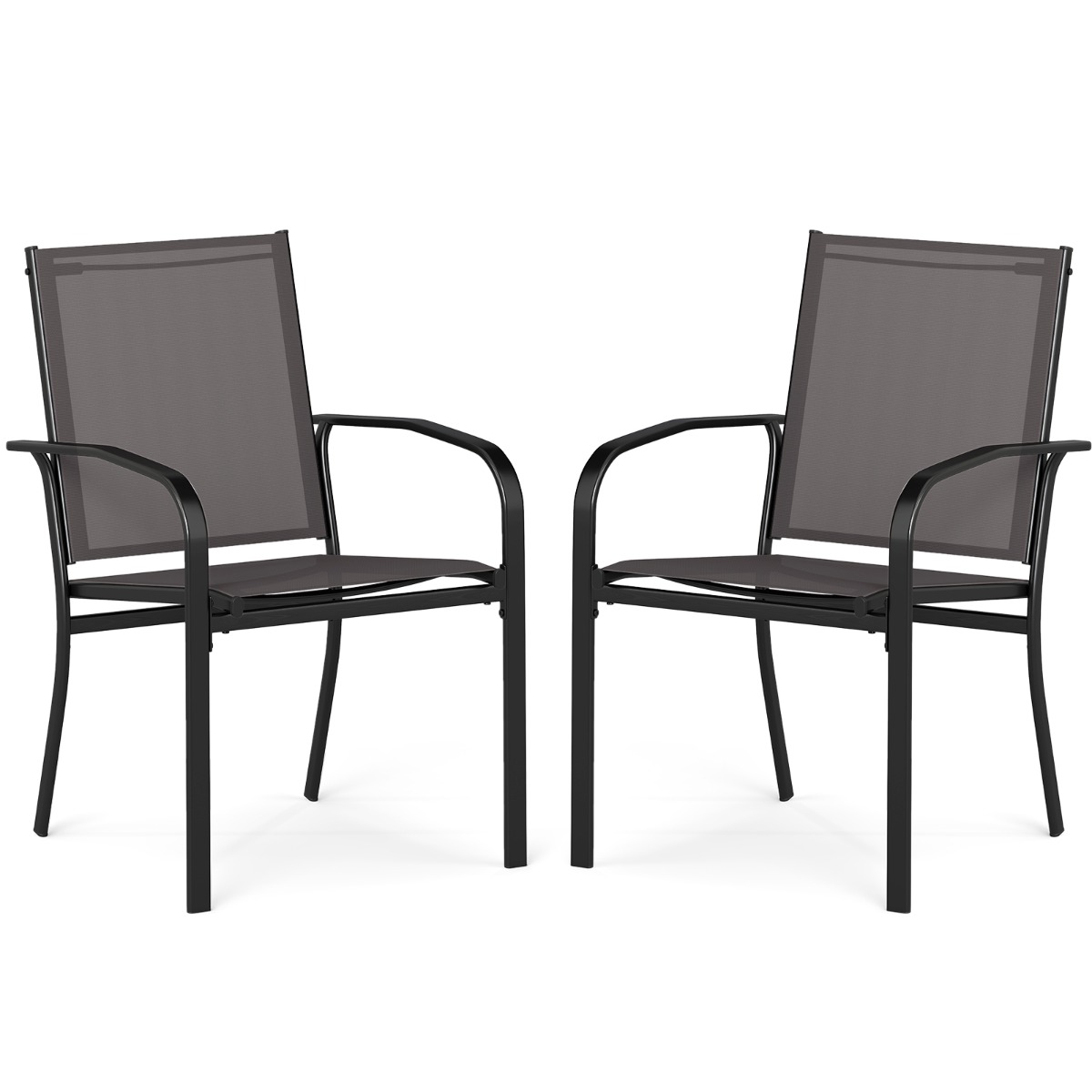 Costway Juego de 2 Sillas de Exteriores Apilables con Resplado Alto Asiento Ancho Reposabrazos para Exterior 61 x 57,5 x 89 cm Gris
