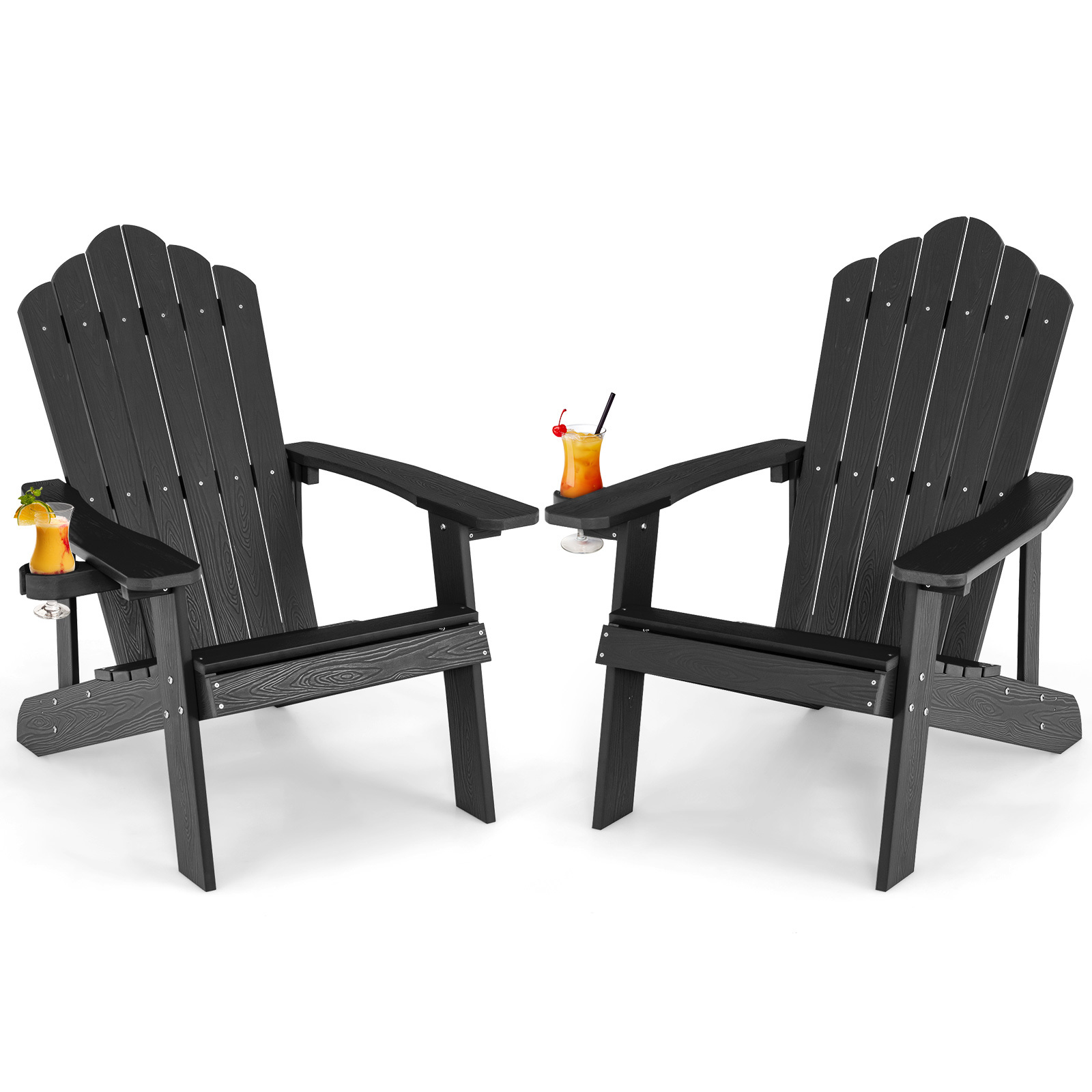 Costway Juego de 2 Sillas HIPS con Portavasos Grano Madera Realista Resistente Intemperie para Patio Jardín Terraza Chimenea Carga 170kg Negro