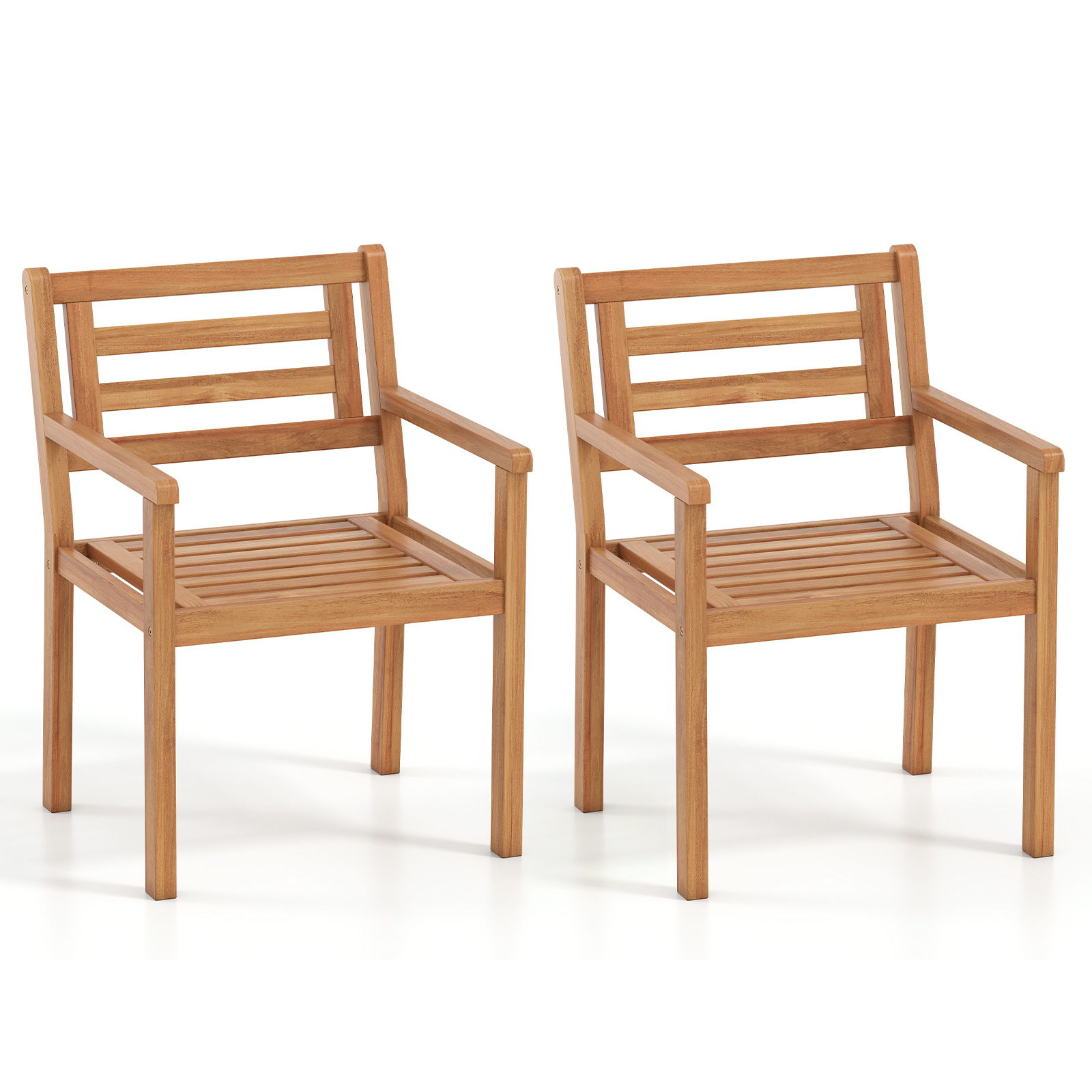 Costway Juego de 2 Sillas Jardín Madera Acacia con Respaldo Inclinado Reposabrazos Asiento Listones Carga 180kg para Patio Terraza