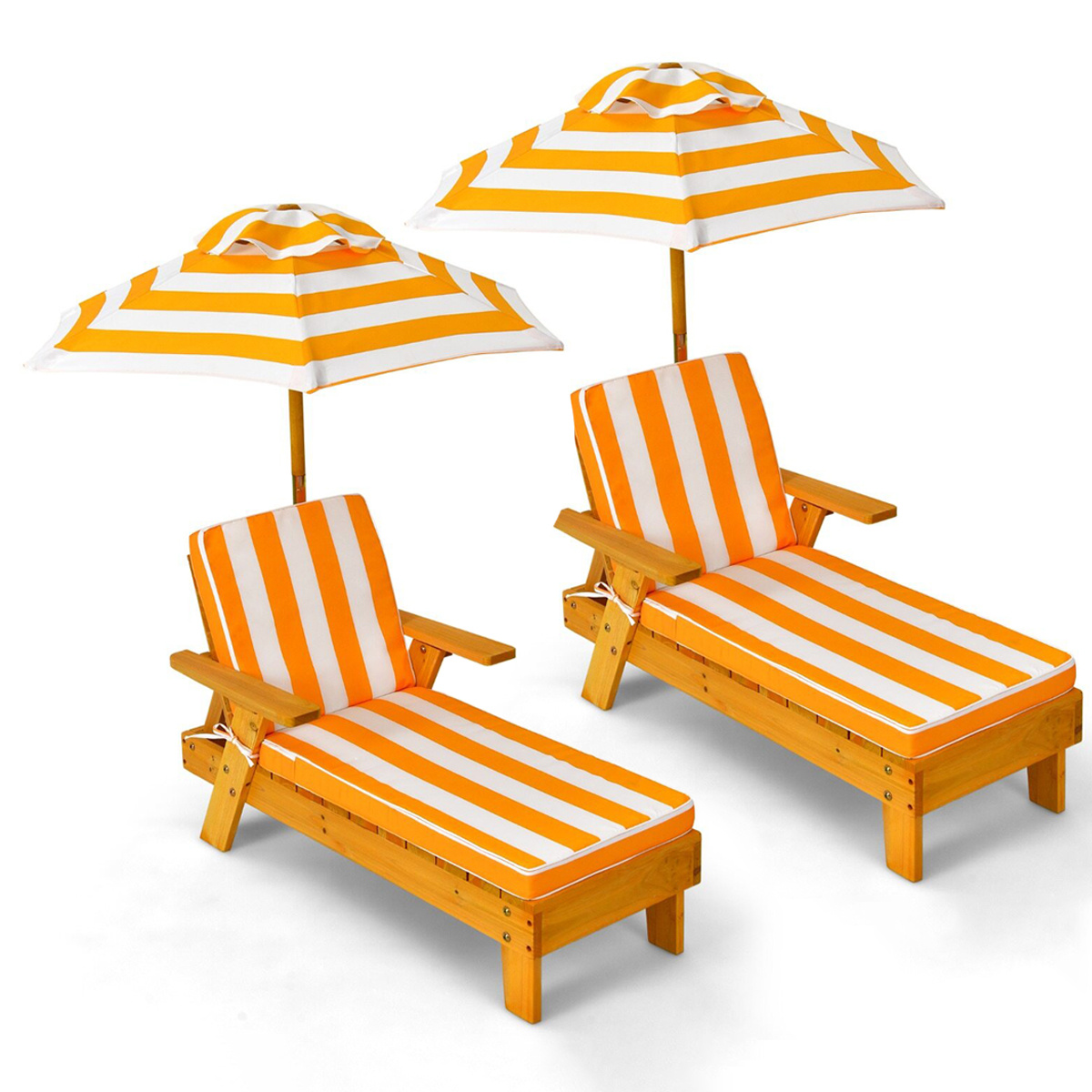 Costway Juego de 2 Sillas Longue de Madera Infantil con Sombrilla Desmontable y Regulable en Altura Cojín para Patio 3-8 Años Rayas Amarillas