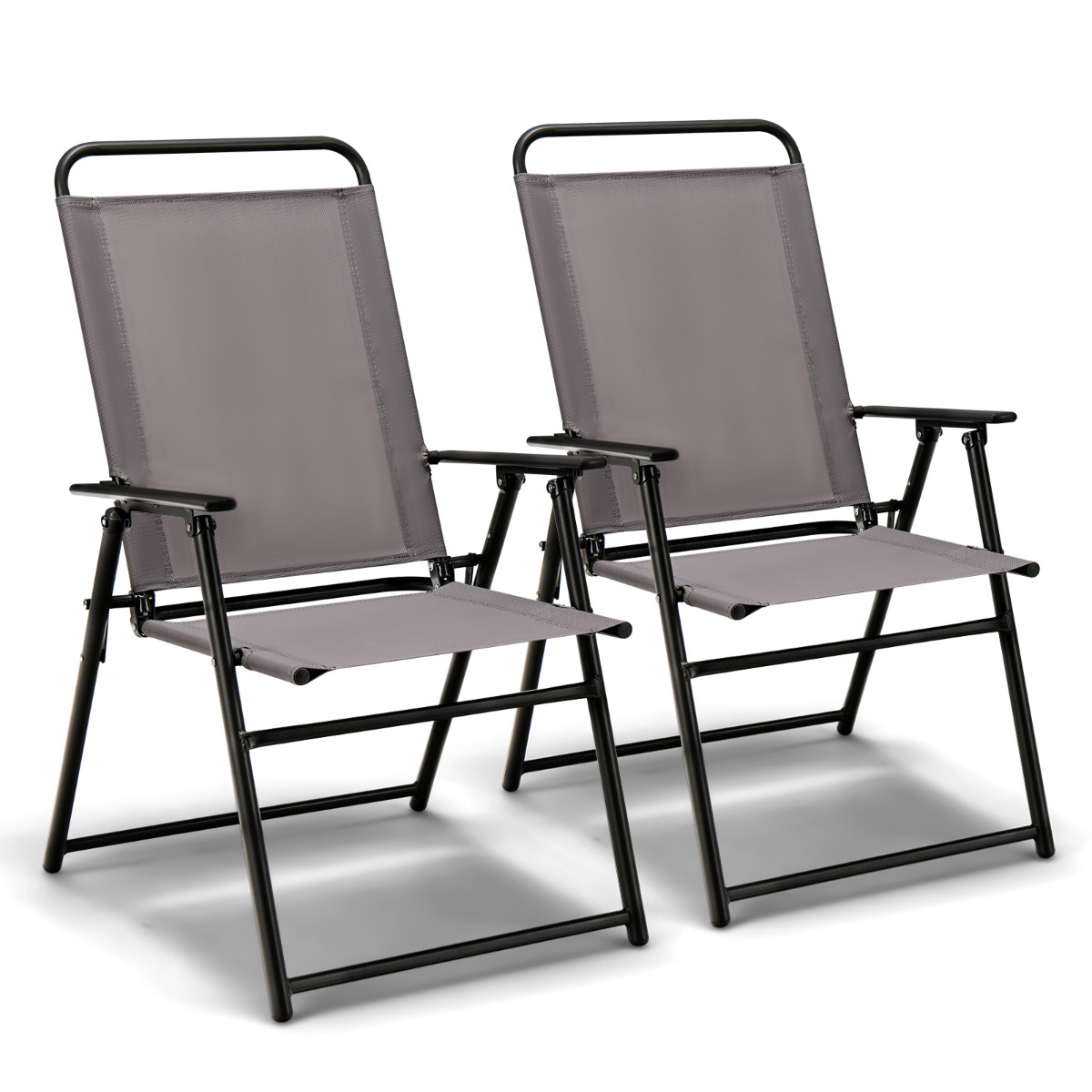 Costway Juego de 2 Sillas Plegables Exterior Silla de Comedor para Patio con Reposabrazos y Respaldo Estructura Triangular para Balcón Jardín Gris
