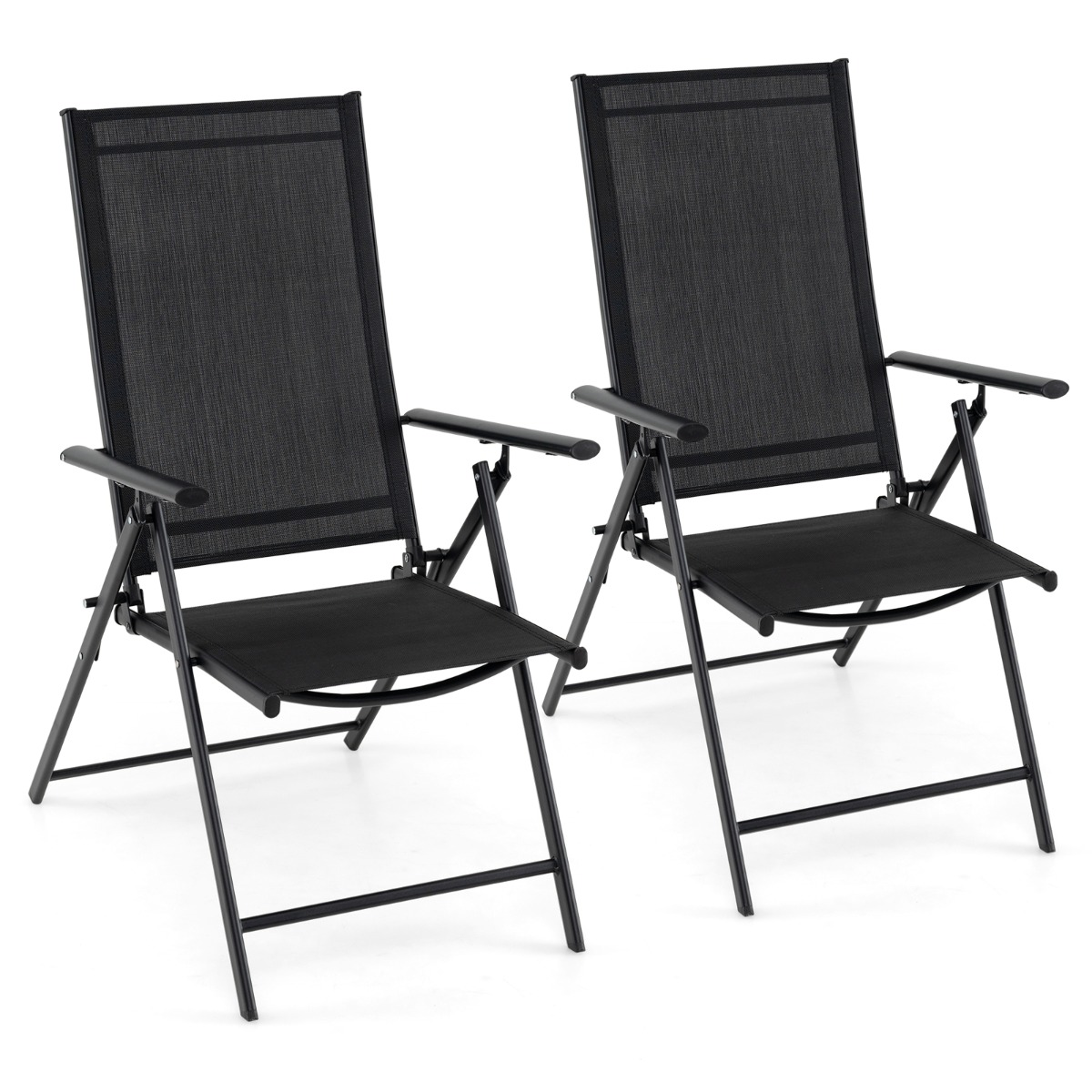 Costway Juego de 2 Sillas Plegables Jardín con Respaldo Ajustable 5 Posiciones Transpirable Marco Metal para Patio Piscina Carga 150kg Negro