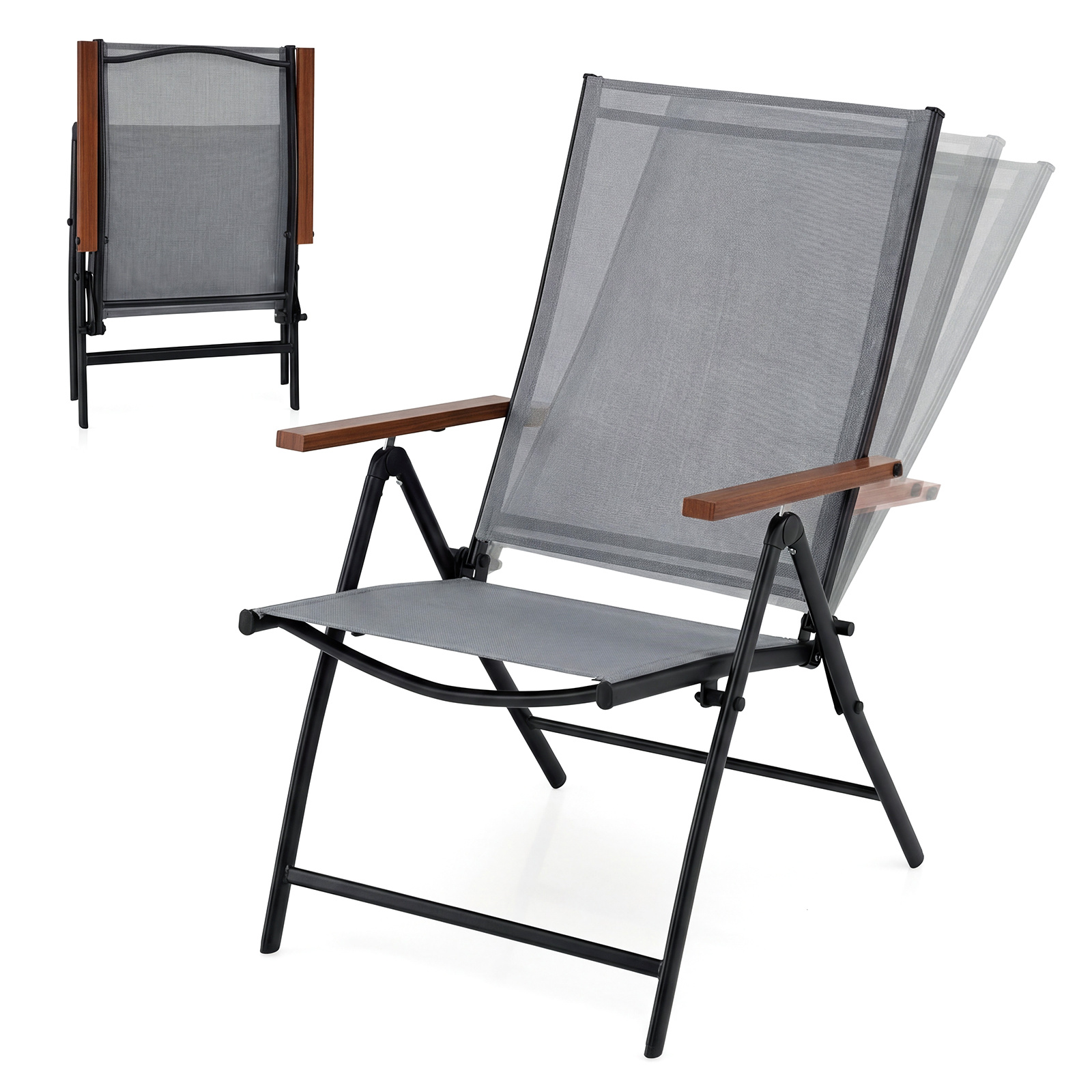 Costway Juego de 2 Sillas Plegables para Exterior Ligera con Respaldo Reclinable Marco Metal para Picnic Playa Sin Montaje Carga 150kg Gris