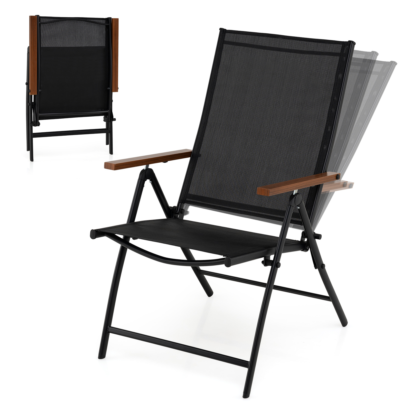 Costway Juego de 2 Sillas Plegables para Exterior Ligera con Respaldo Reclinable Marco Metal para Picnic Playa Sin Montaje Carga 150kg Negro