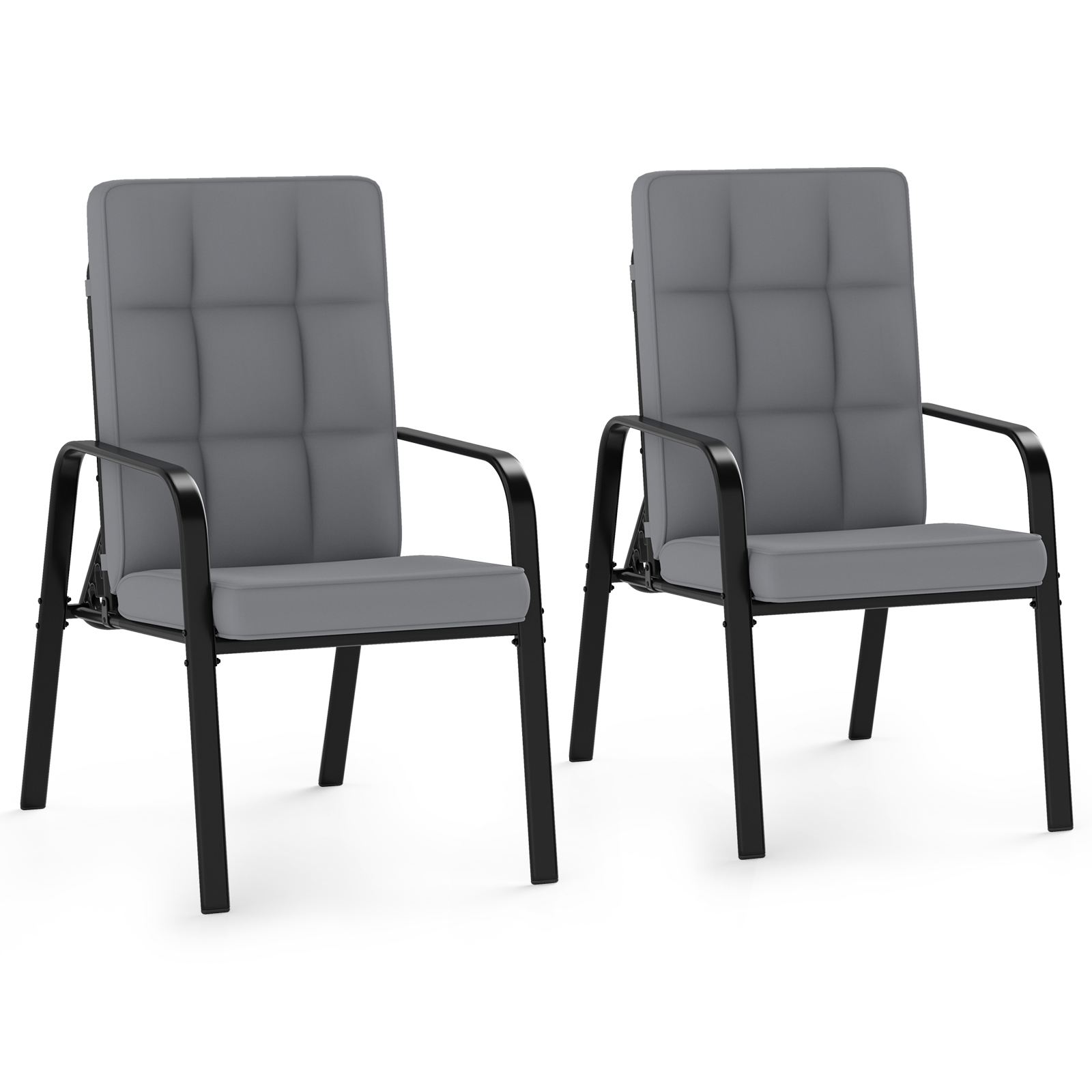 Costway Juego de 2 Sillones de Patio Respaldo Ajustable 5 Posiciones Cojines Desmontables Reposabrazos Metálicos 180 kg Gris y Negro
