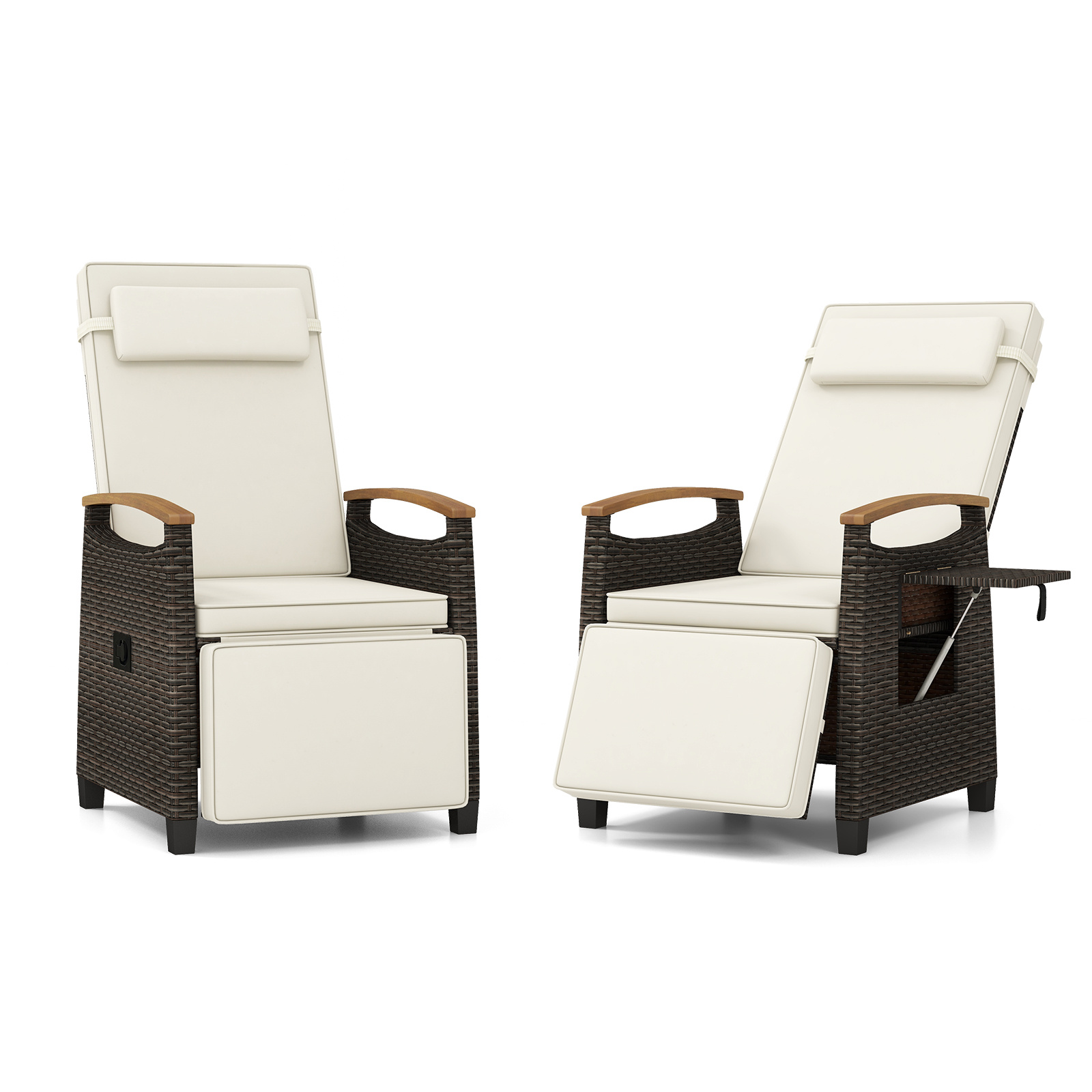 Costway Juego de 2 Sillones Ratán con Respaldo y Reposapiés Ajustables Mesa Abatible Reposacabezas Extraíble Reposabrazos para Terraza Patio Blanco