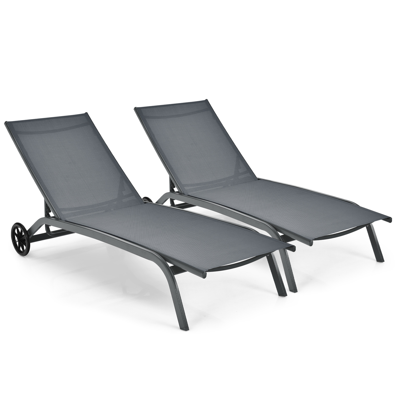 Costway Juego de 2 Tumbonas con Ruedas Tejido Secado Rápido Respaldo Reclinable 6 Posiciones para Exterior Piscina Patio Jardín Gris