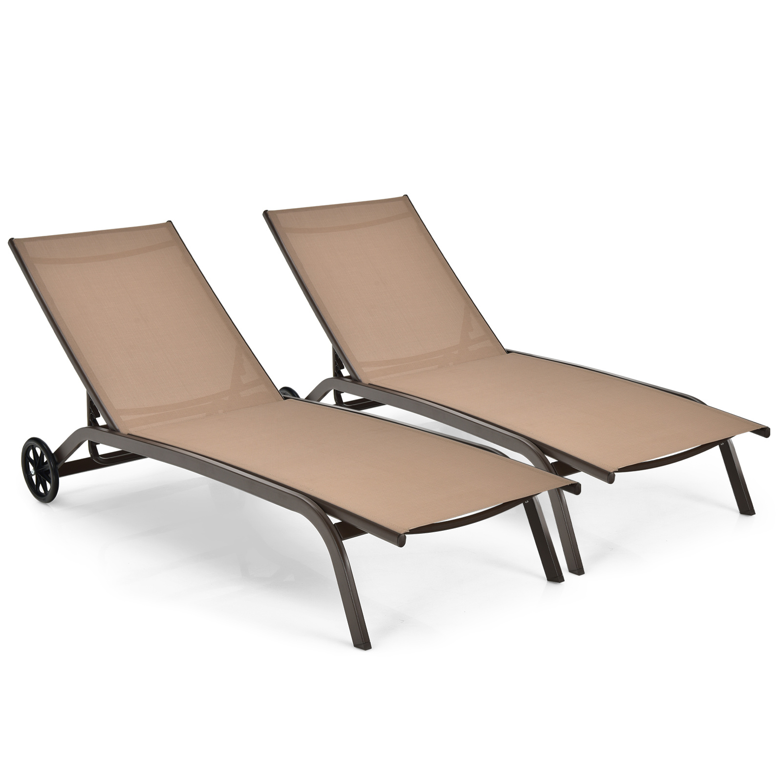 Costway Juego de 2 Tumbonas con Ruedas Tejido Secado Rápido Respaldo Reclinable 6 Posiciones para Exterior Piscina Patio Jardín Marrón