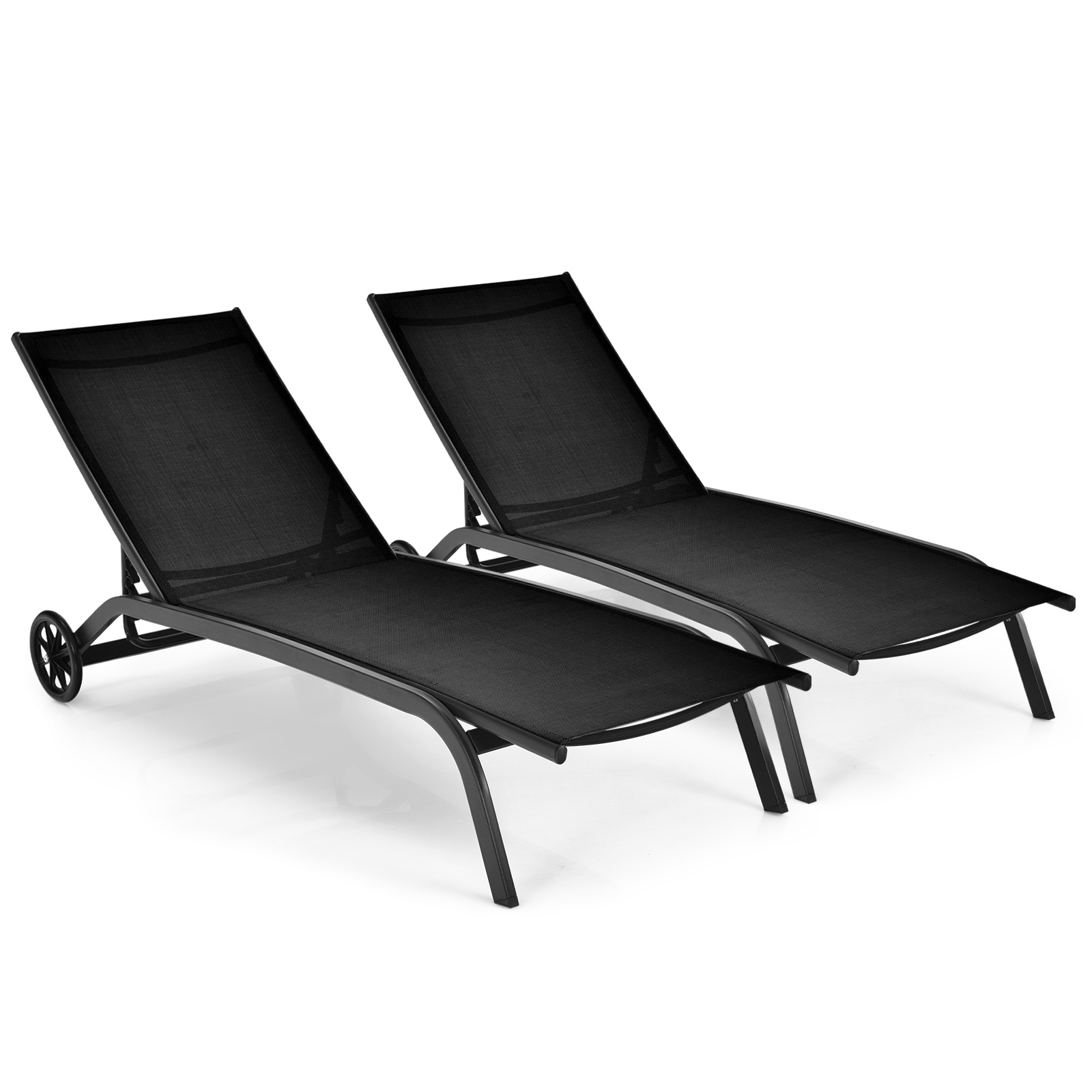 Costway Juego de 2 Tumbonas con Ruedas Tejido Secado Rápido Respaldo Reclinable 6 Posiciones para Exterior Piscina Patio Jardín Negro