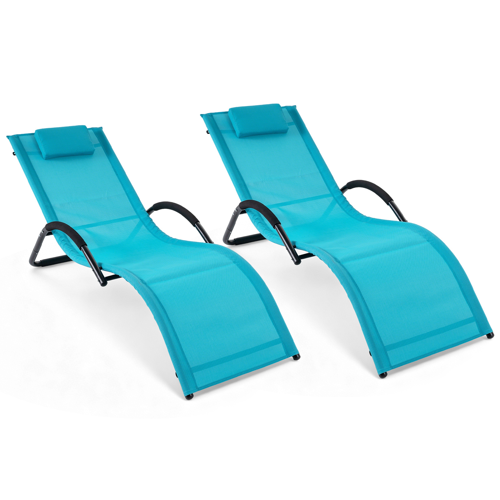Costway Juego de 2 Tumbonas Exterior con Marco Curvo Reposacabezas Extraíble y Reposabrazos Ergonómicos para Patio Playa Carga 160kg Azul