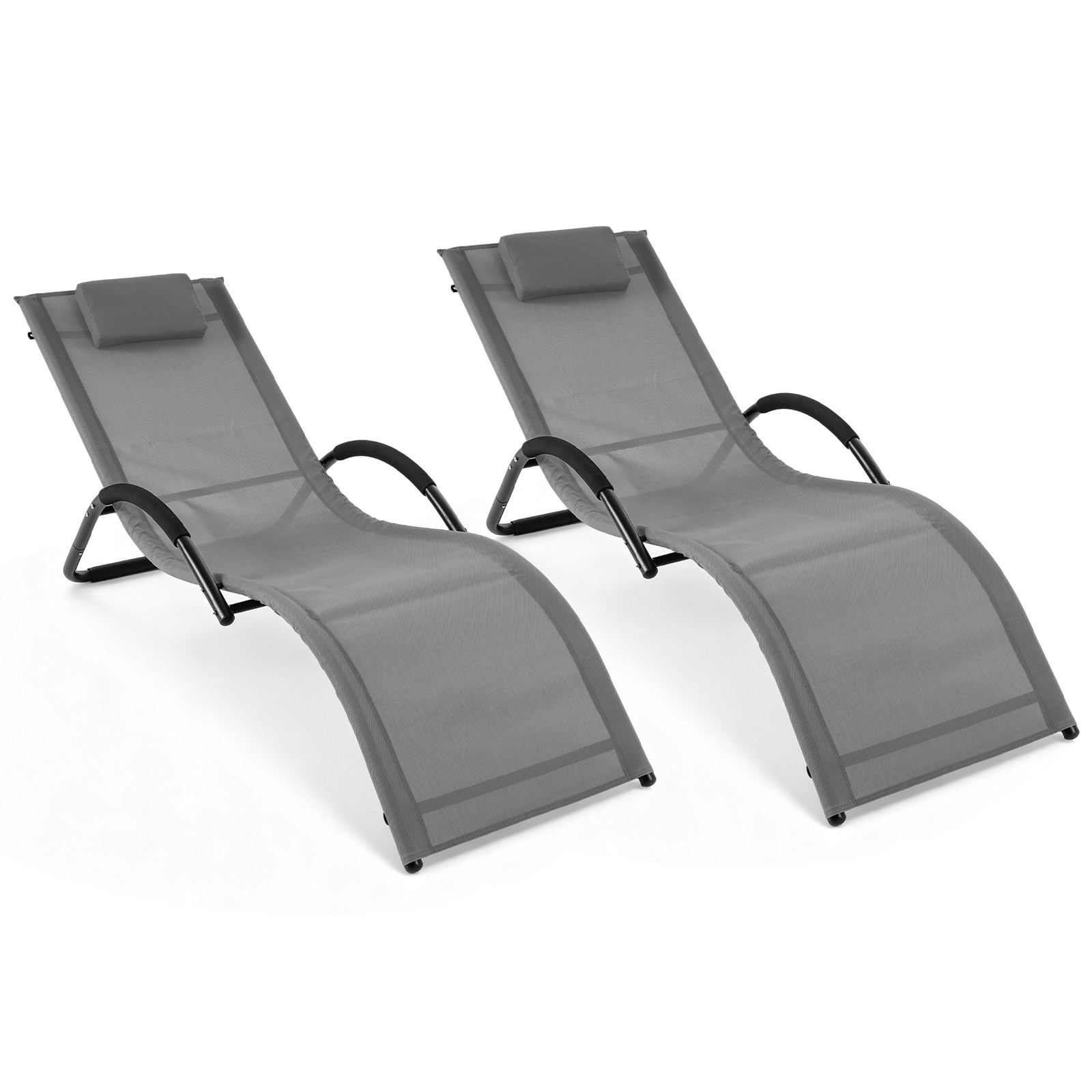 Costway Juego de 2 Tumbonas Exterior con Marco Curvo Reposacabezas Extraíble y Reposabrazos Ergonómicos para Patio Playa Carga 160kg Gris