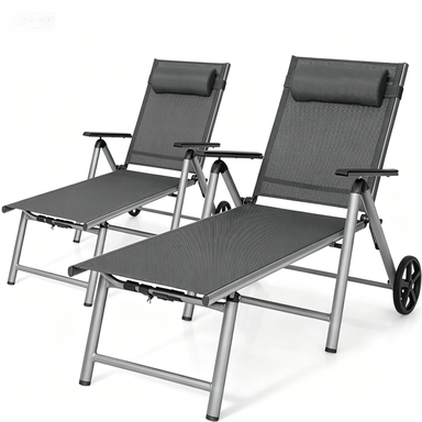 Costway Juego de 2 Tumbonas Exteriores con Ruedas y Almohada Bastidor de Aluminio Ajustable Carga 150 kg 150 a 175 x 75 cm Gris Metalizado