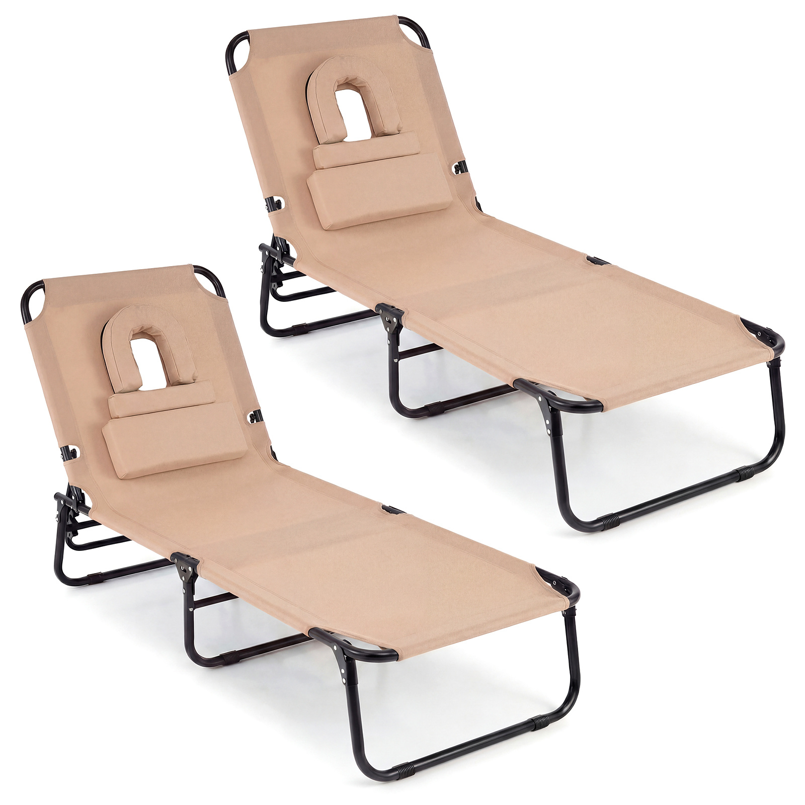 Costway Juego de 2 Tumbonas Plegables Beige de Tela Oxford 4 Posiciones Reclinable Totalmente Plana con Almohada Esponja Carga 150 kg para Jardín Playa