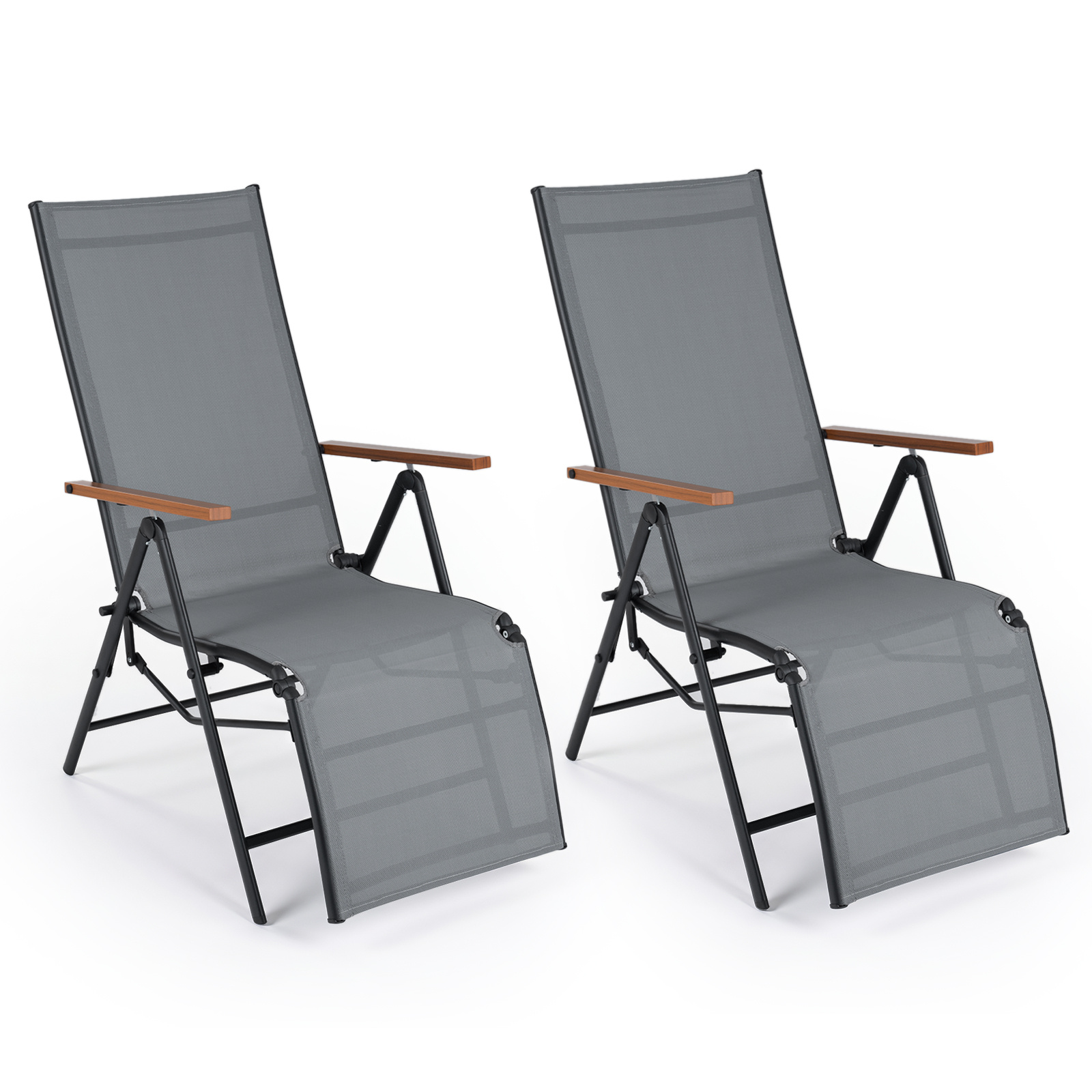 Costway Juego de 2 Tumbonas Plegables con Respaldo Ajustable 5 Posiciones Reposabrazos Tejido Transpirable para Balcón Jardín Piscina 150kg Gris
