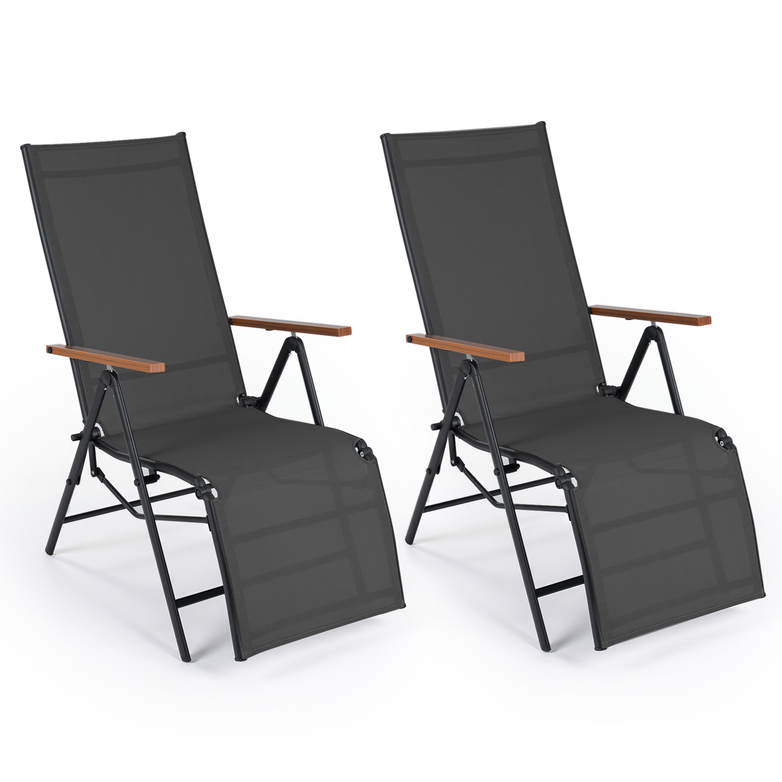 Costway Juego de 2 Tumbonas Plegables con Respaldo Ajustable 5 Posiciones Reposabrazos Tejido Transpirable para Balcón Jardín Piscina 150kg Negro