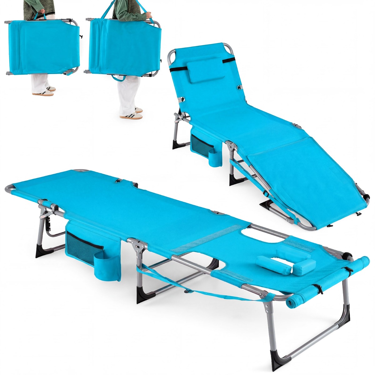 Costway Juego de 2 Tumbonas Plegables de Playa con Abertura para Cara y Almohada Extraíble Respaldo en 4 Posiciones con Correa y Asa para Piscina Jardín Azul