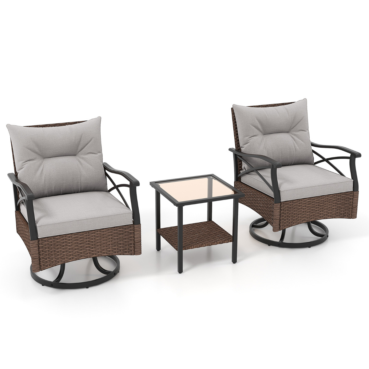 Costway Juego de 3 Piezas 2 Mecedoras Giratorias de Ratán Exterior con Mesa Auxiliar de Vidrio Templado Cojines para Jardín Piscina Patio Marrón