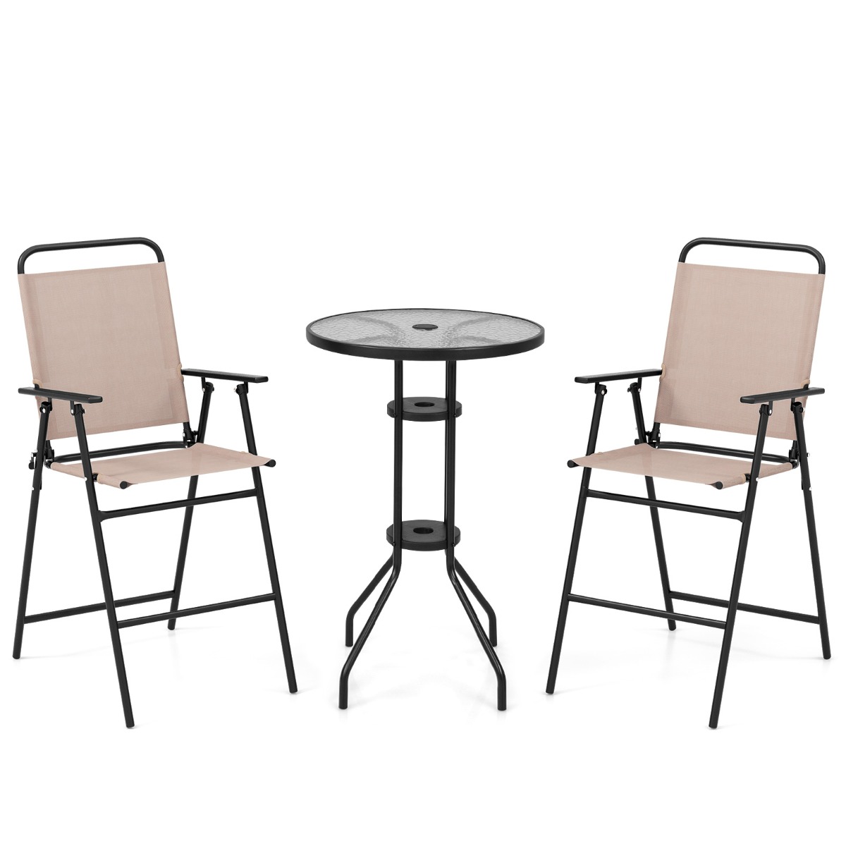 Costway Juego de 3 Piezas de Mesa y 2 Sillas Terraza Conjunto Mesa de Vidrio Templado y Sillas Plegables para Jardín Balcón y Exterior Beige