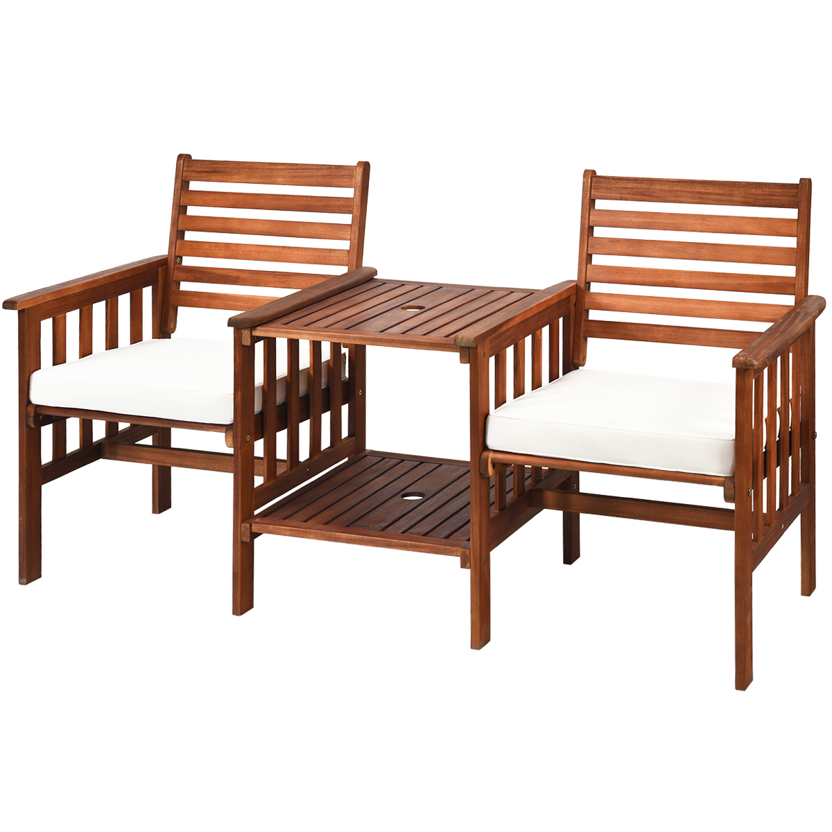 Costway Juego de 3 Piezas de Sillas y Mesa de 2 Plazas Madera Acacia de Exterior con Cojines para Patio Jardín