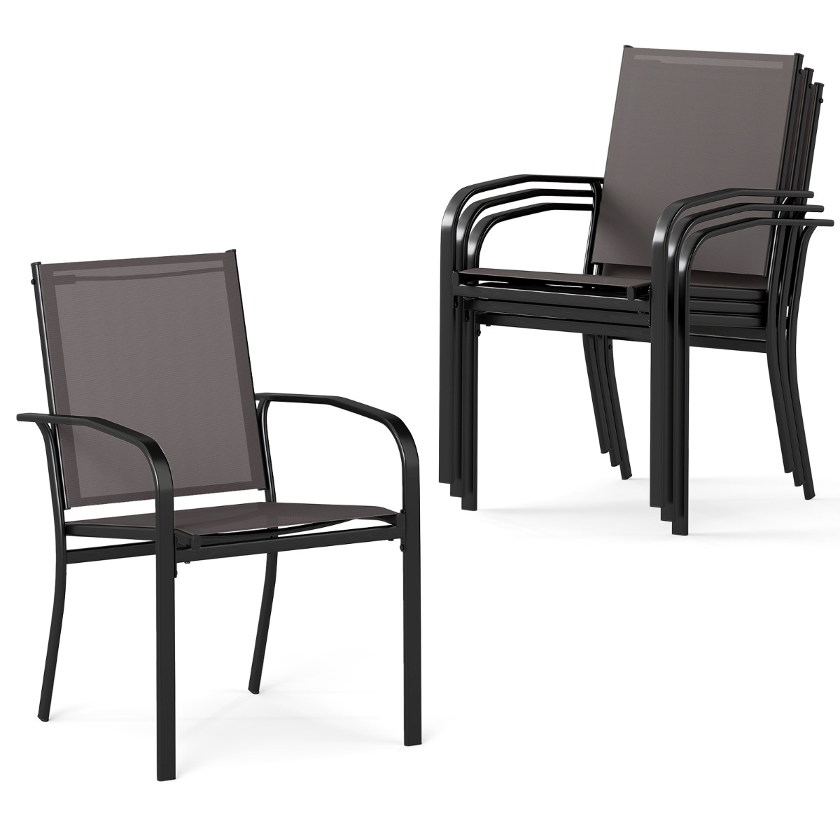 Costway Juego de 4 Sillas de Exteriores Apilables con Resplado Alto Asiento Ancho Reposabrazos para Exterior 61 x 57,5 x 89 cm Gris