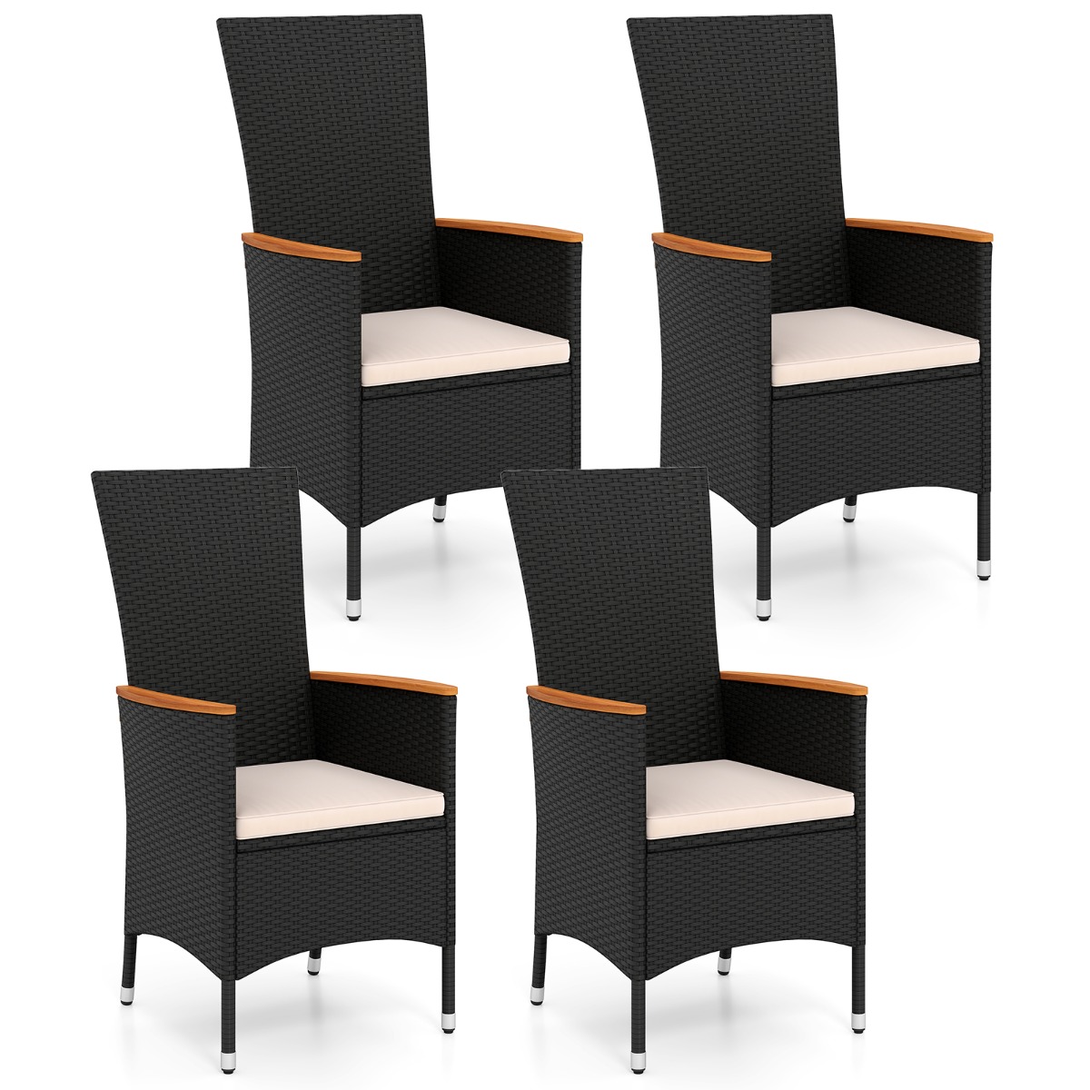 Costway Juego de 4 Sillas de Jardín de Ratán Negro con Respaldo Alto Reposabrazos de Madera de Acacia y Cojín Acolchado de Color Crema para Terraza Porche o B