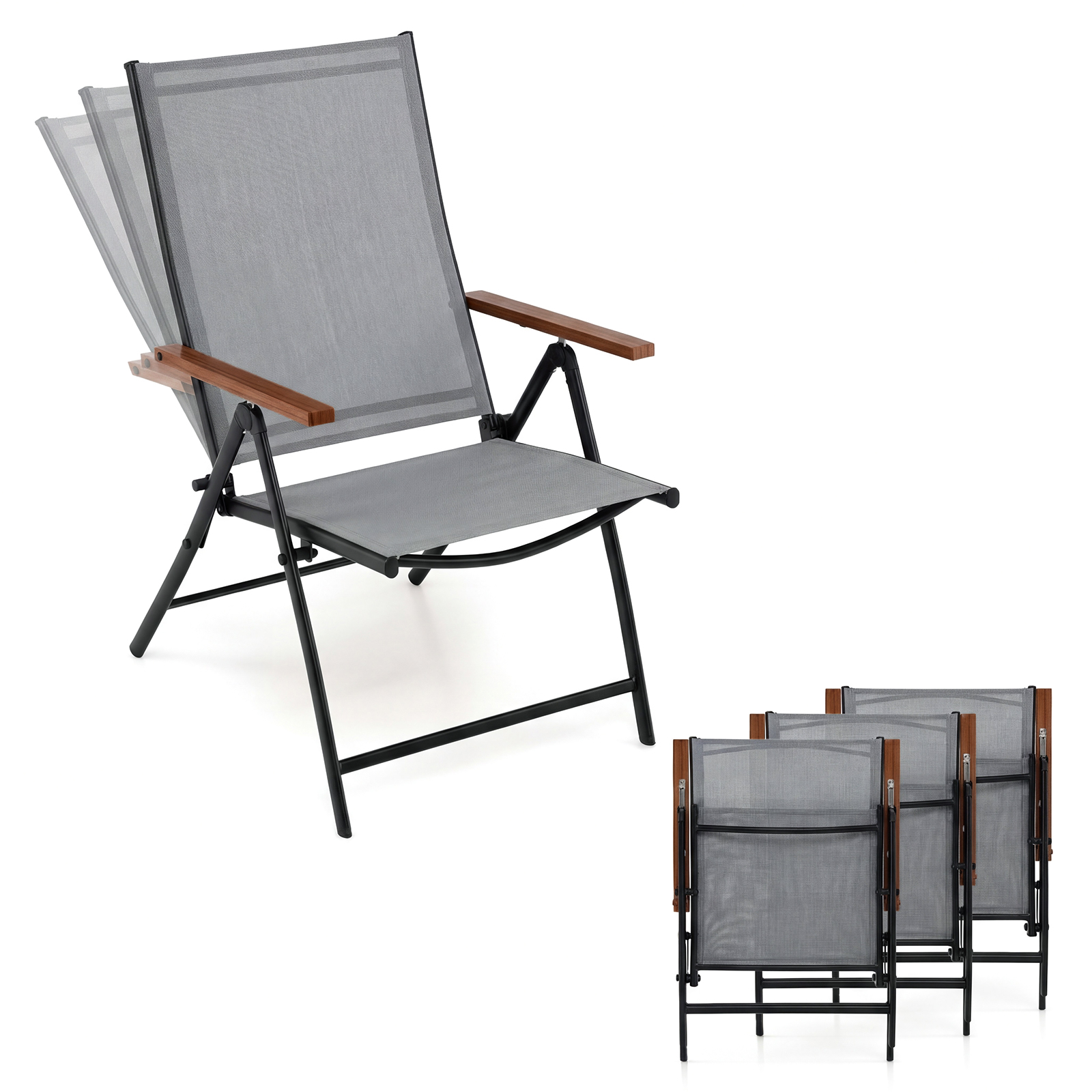 Costway Juego de 4 Sillas Plegables Exterior con Respaldo Reclinable Marco Metal Carga 150 kg Sin Montaje 56 x 71 x 100 cm Gris