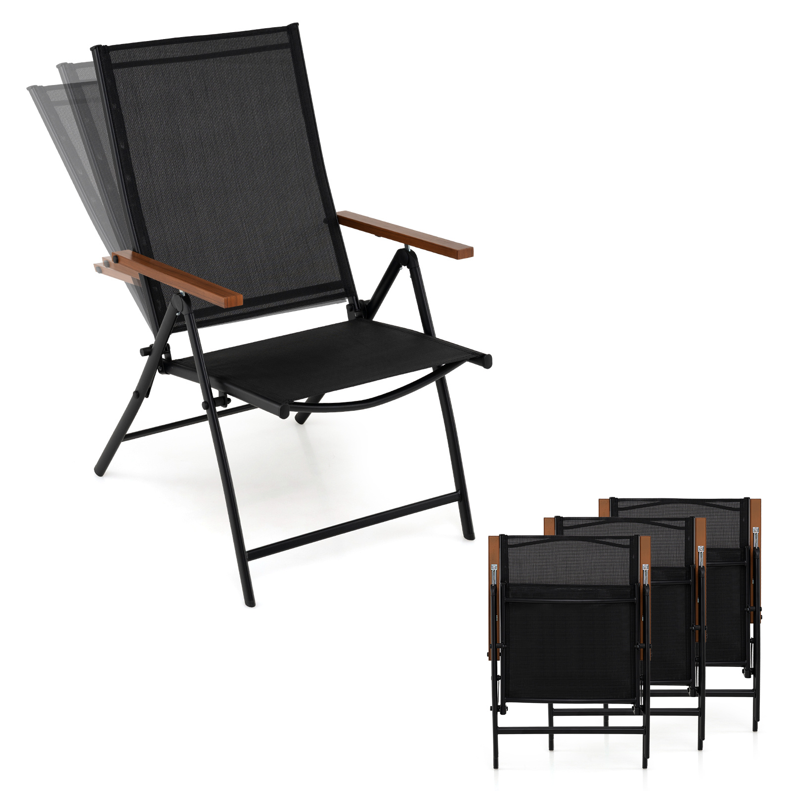 Costway Juego de 4 Sillas Plegables para Exterior Ligera con Respaldo Reclinable Marco Metal para Picnic Playa Sin Montaje Carga 150kg Negro