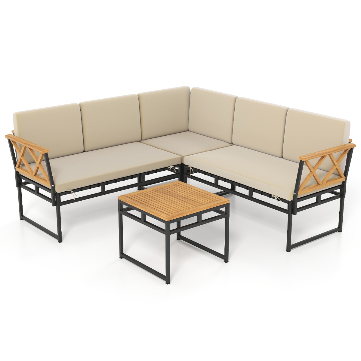 Costway Juego de 4 Sofá Seccional Exterior en L Estructura Metálica Cuerda Bungee y Mesa de Madera de Acacia Beige