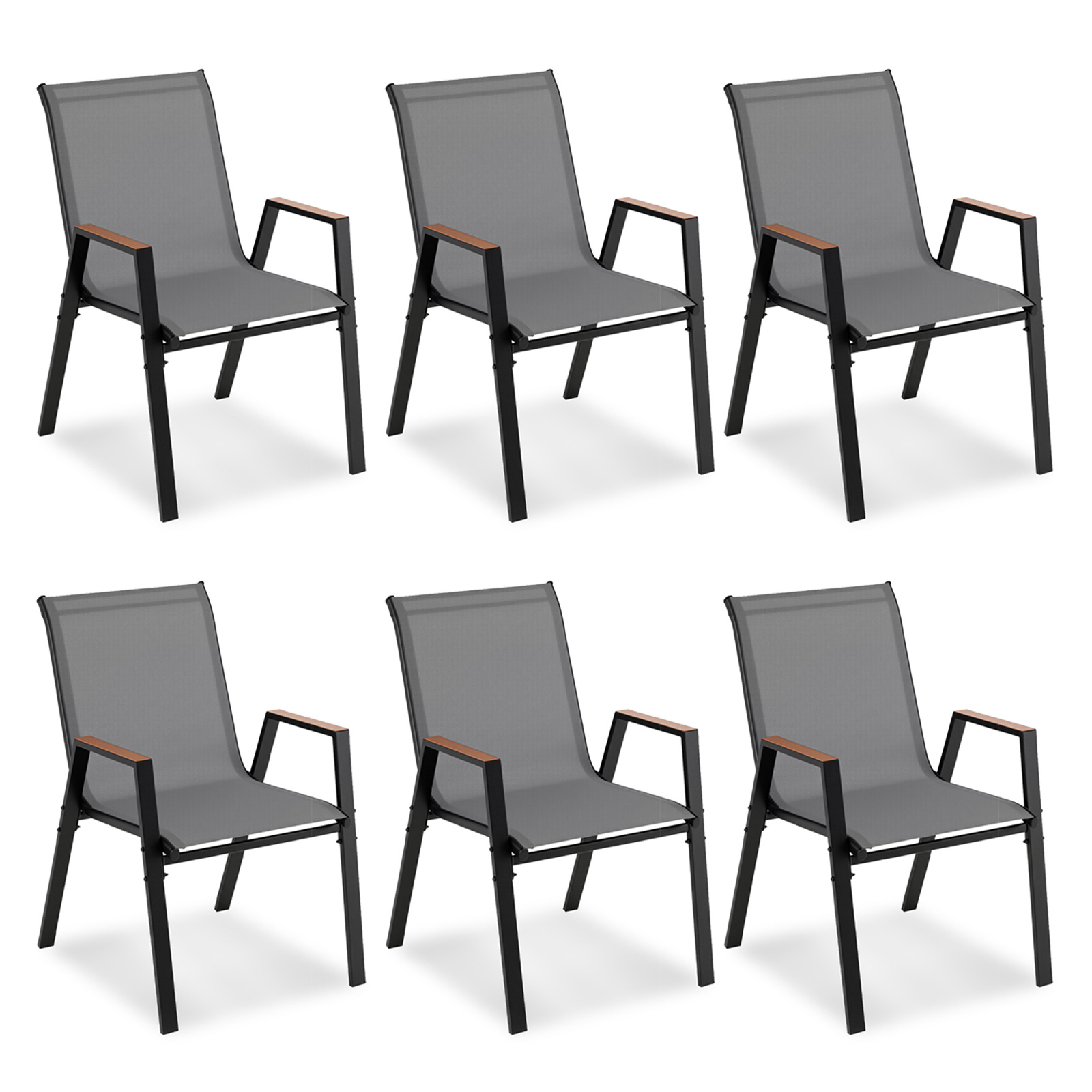 Costway Juego de 6 Sillas de Jardín Apilables Respaldo Alto Reposabrazos Ergonómicas Metal Tejido Transpirable para Terraza Patio Gris