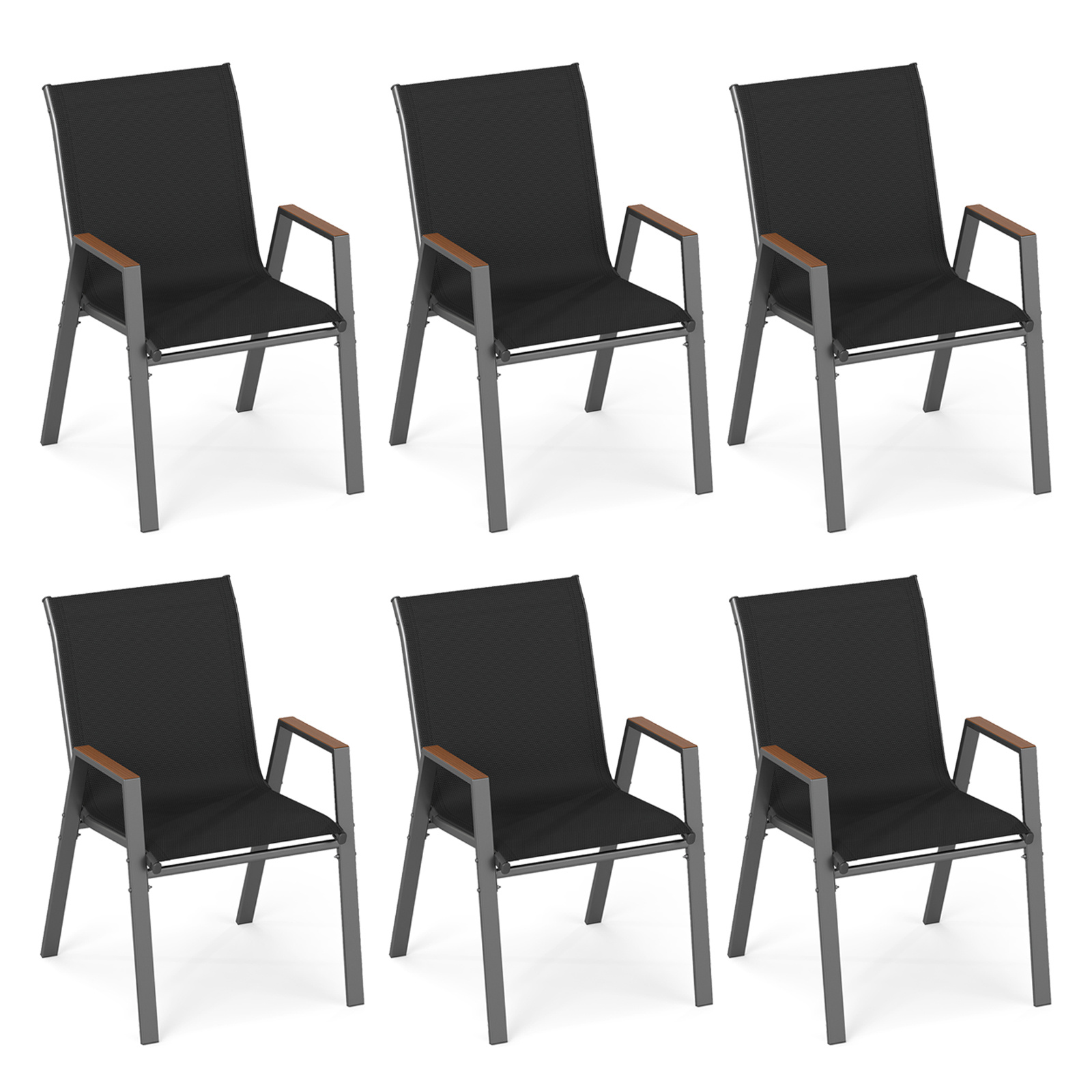 Costway Juego de 6 Sillas de Jardín Apilables Respaldo Alto Reposabrazos Ergonómicas Metal Tejido Transpirable para Terraza Patio Negro