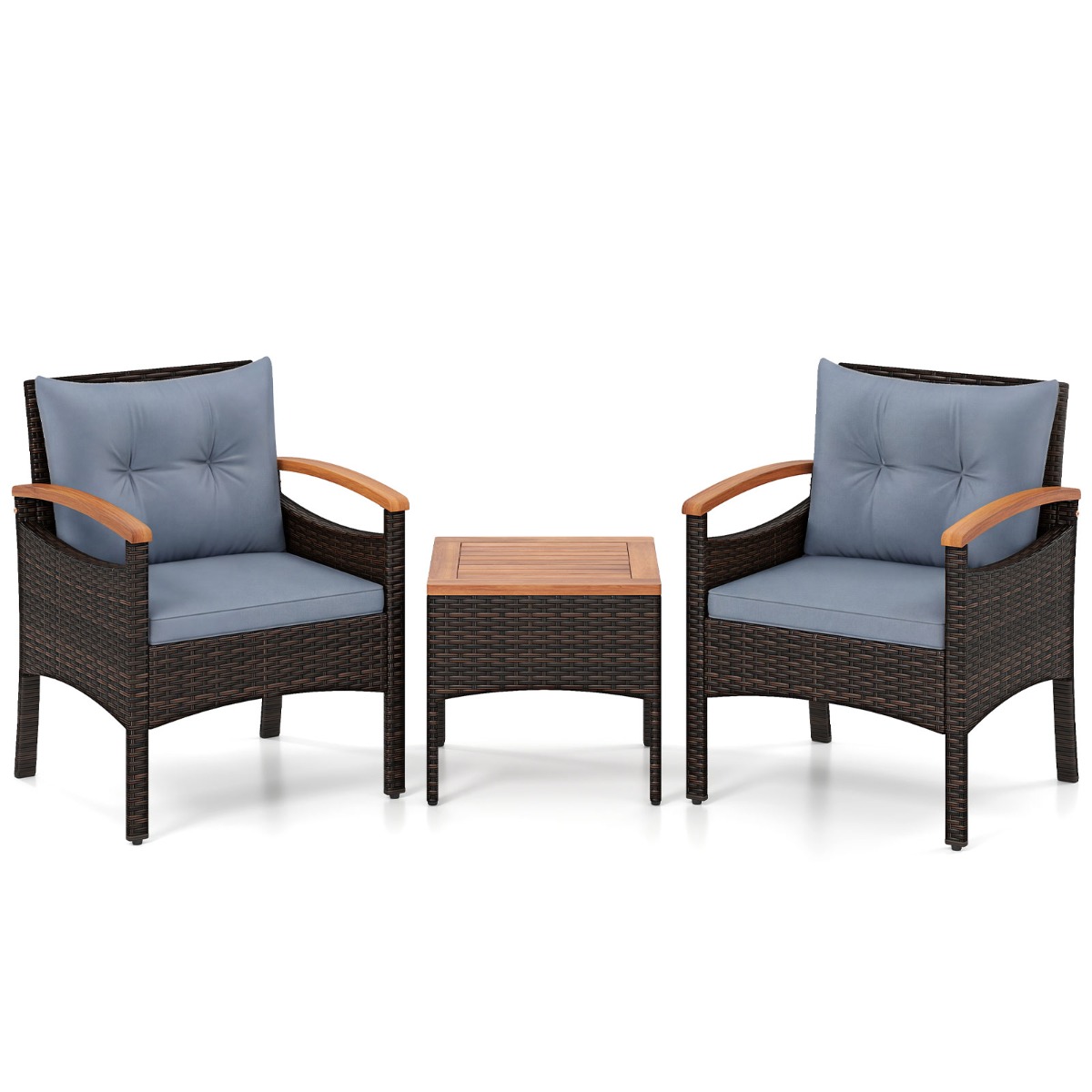 Costway Juego de Bistró de 3 Piezas para Patio de Mimbre y Ratán con Sillas con Brazos Mesa Auxiliar de Madera de Acacia y Cojines Libres de Flúor en Gris