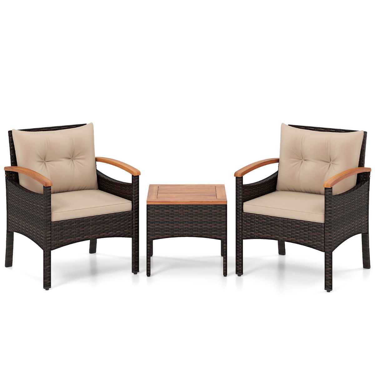 Costway Juego de Bistró para Patio de 3 Piezas Sillas Mimbre Marrón Mixto con Brazos Mesa Auxiliar Tablero Madera Acacia Cojines Caqui