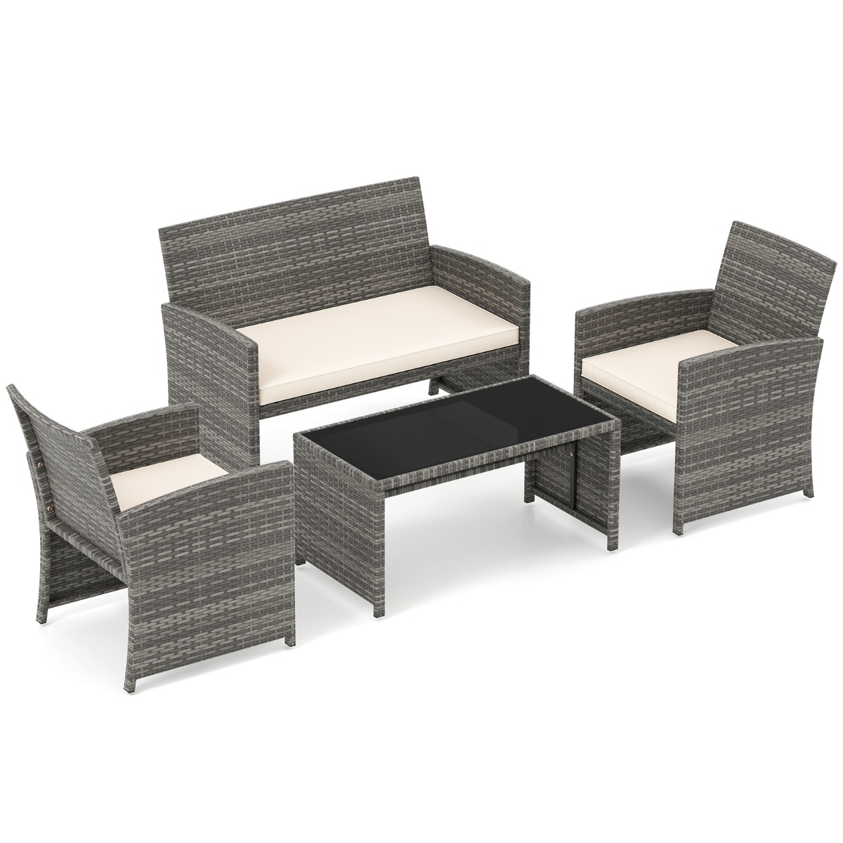 Costway Juego de Conversación para Patio 4 Piezas de Ratán con Cojines y Tablero Vidrio Templado para Jardín Porche Balcón Crema