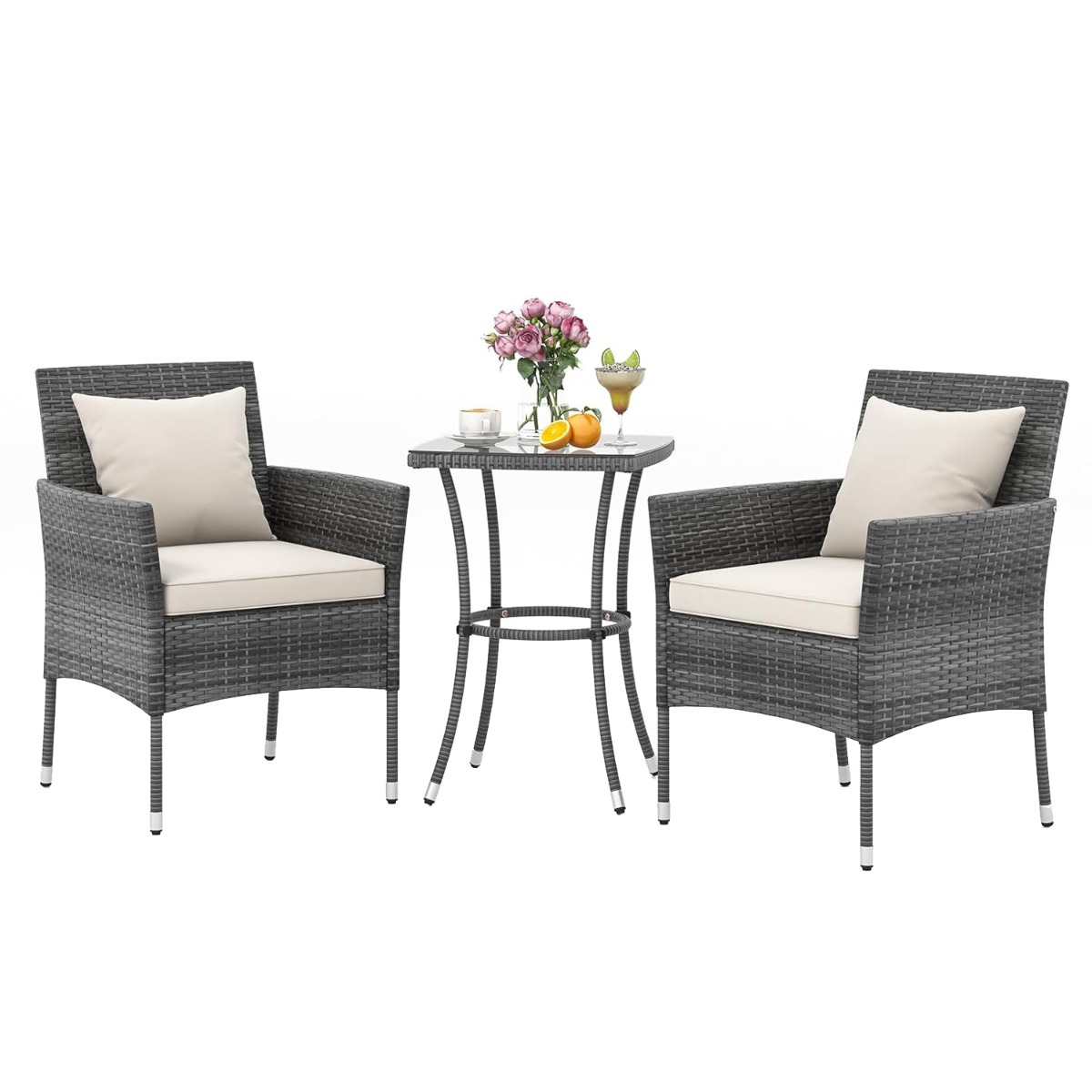 Costway Juego de Jardín 3 Piezas Conjunto Exterior Rattán PE Sillas con Cojines y Mesa de Café Vidrio Templado para Balcón Jardín Césped Patio Beige