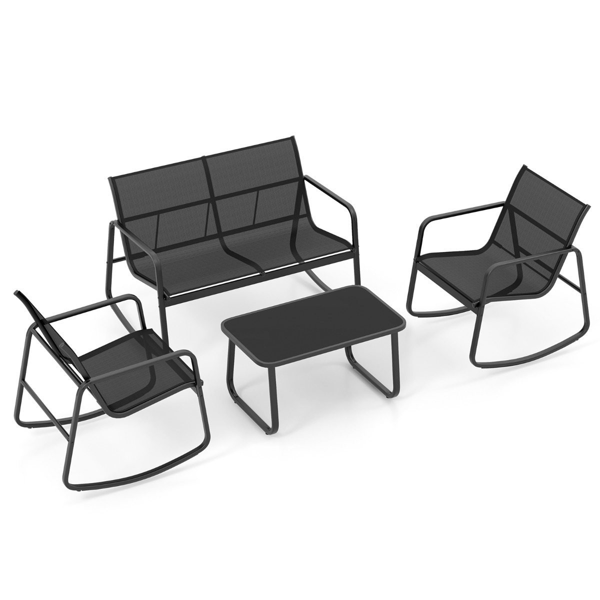 Costway Juego de Mecedoras de Patio de 4 Piezas Juego de 2 Mecedoras Sofá de 2 Plazas y Mesa con Tapa de Cristal Muebles para Jardín Patio Negro