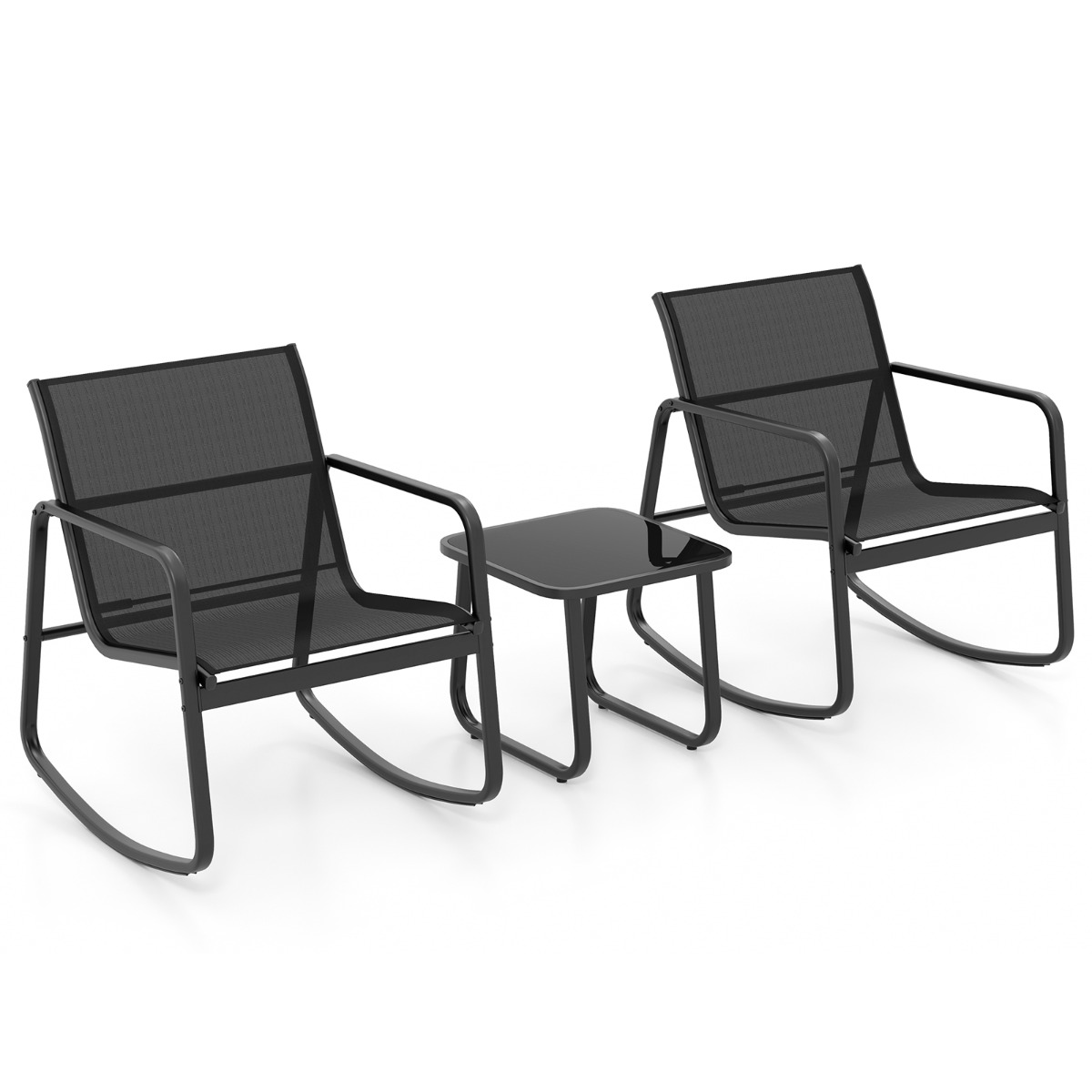 Costway Juego de Mesa y 2 Mecedoras de Bistró con Balanceo y Tapa de Vidrio Conjunto de Muebles de Patio para Jardín Exterior y Balcón Negro